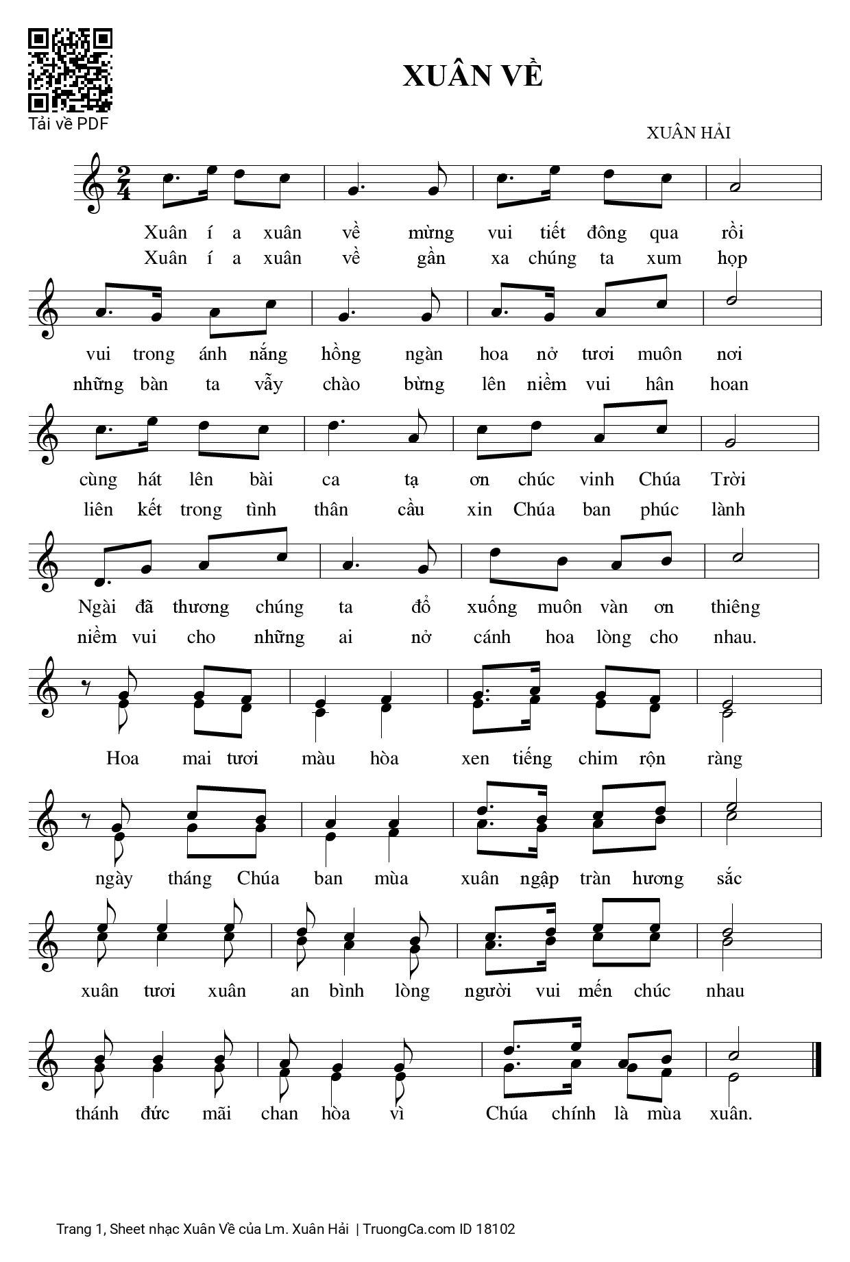 Trang 1 của Sheet nhạc PDF bài hát Xuân Về - Lm. Xuân Hải