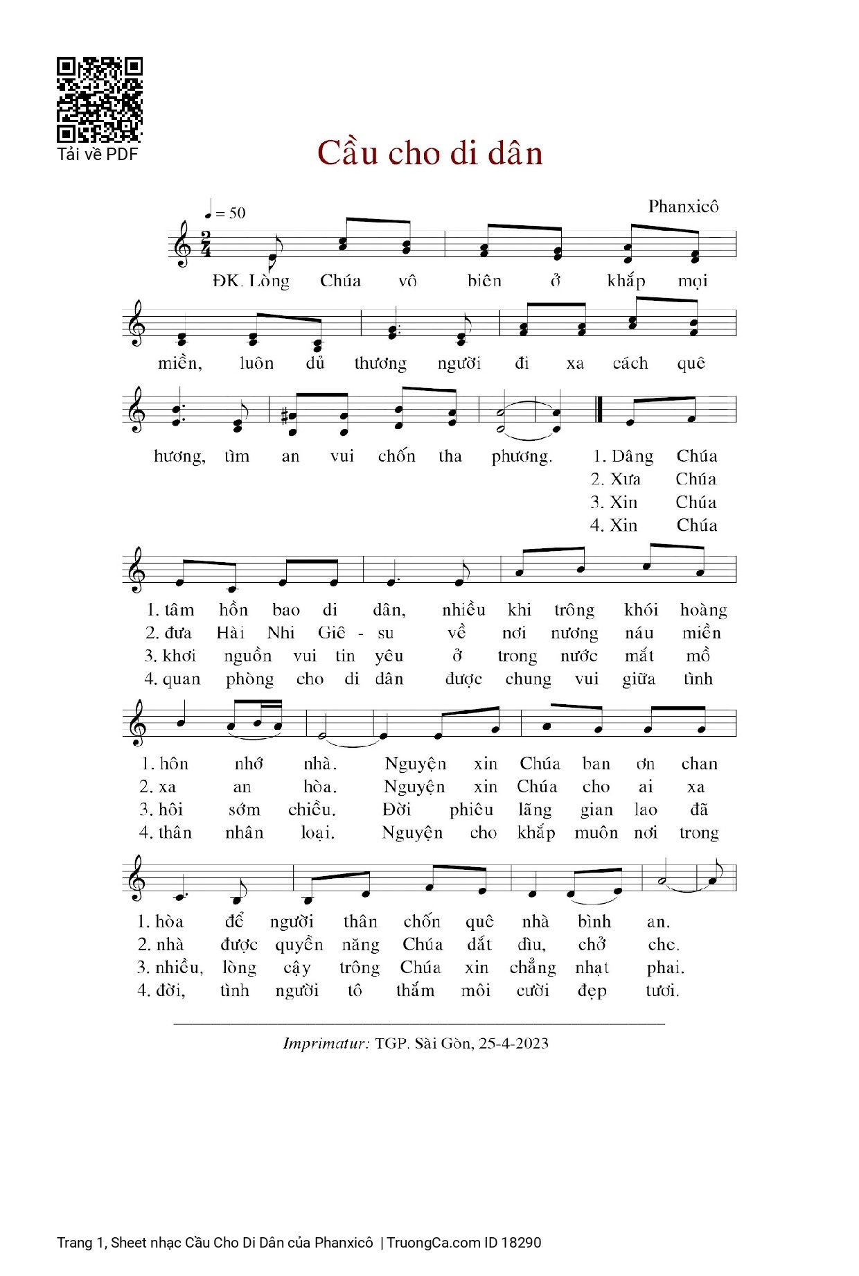 Trang 1 của Sheet nhạc PDF bài hát Cầu Cho Di Dân - Phanxicô