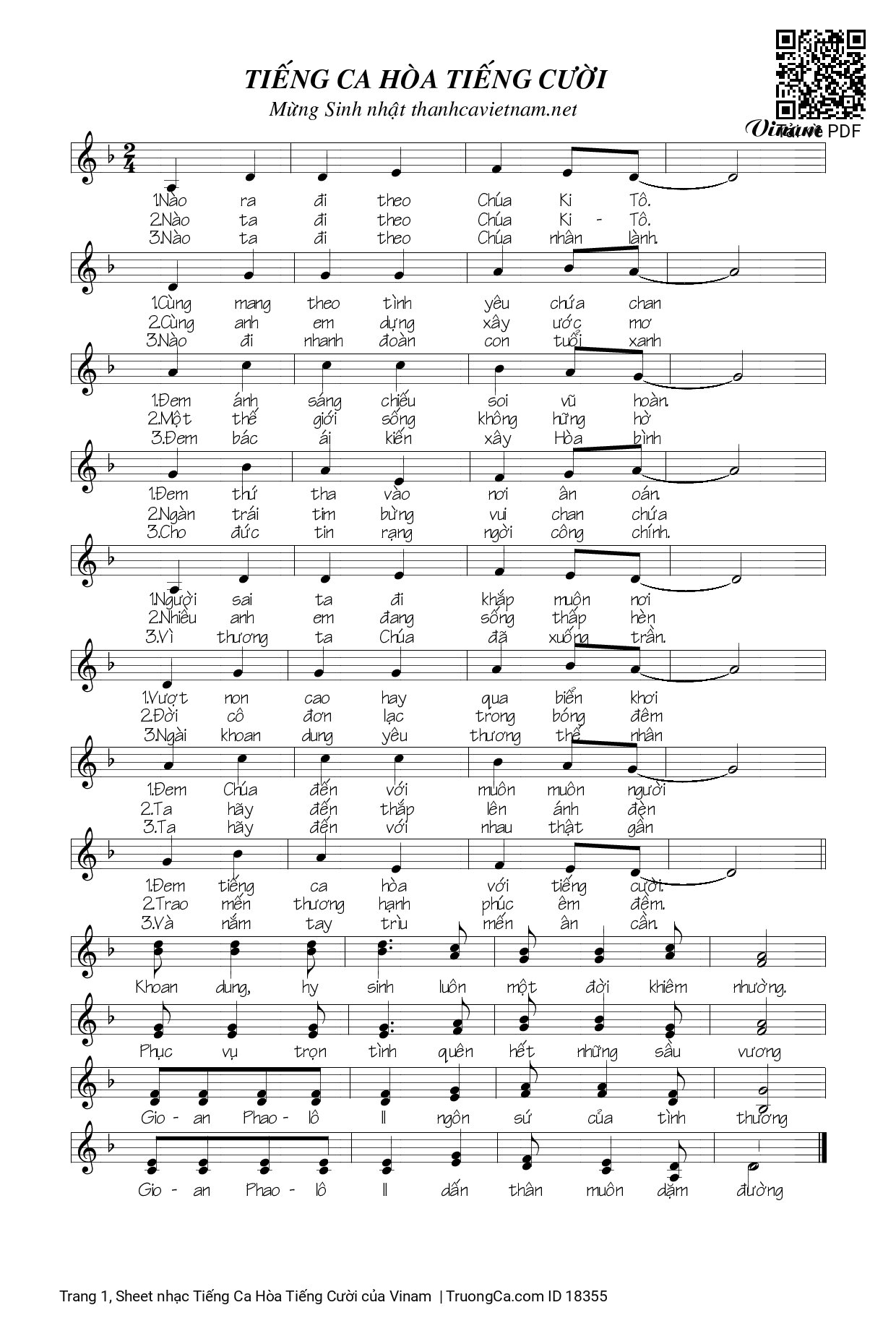 Trang 1 của Sheet nhạc PDF bài hát Tiếng Ca Hòa Tiếng Cười - Vinam