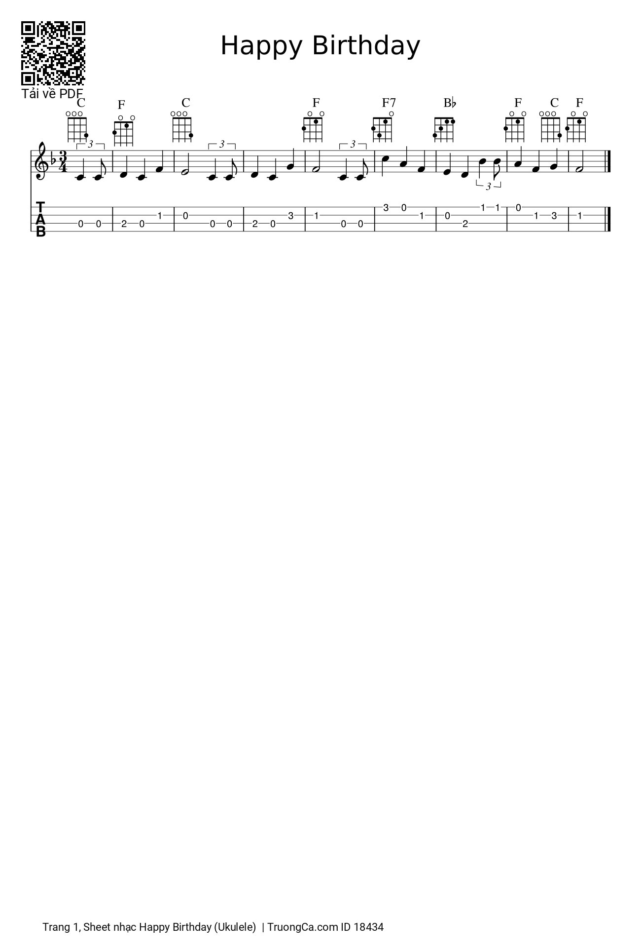 Trang 1 của Sheet nhạc PDF bài hát Happy Birthday (Sheet Ukulele) - Patty Hill