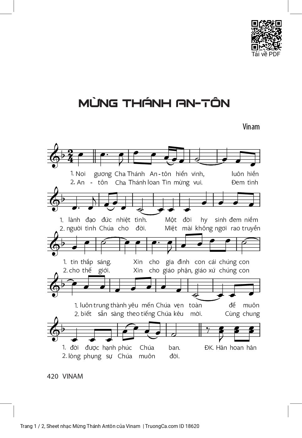 Sheet nhạc Mừng Thánh Antôn