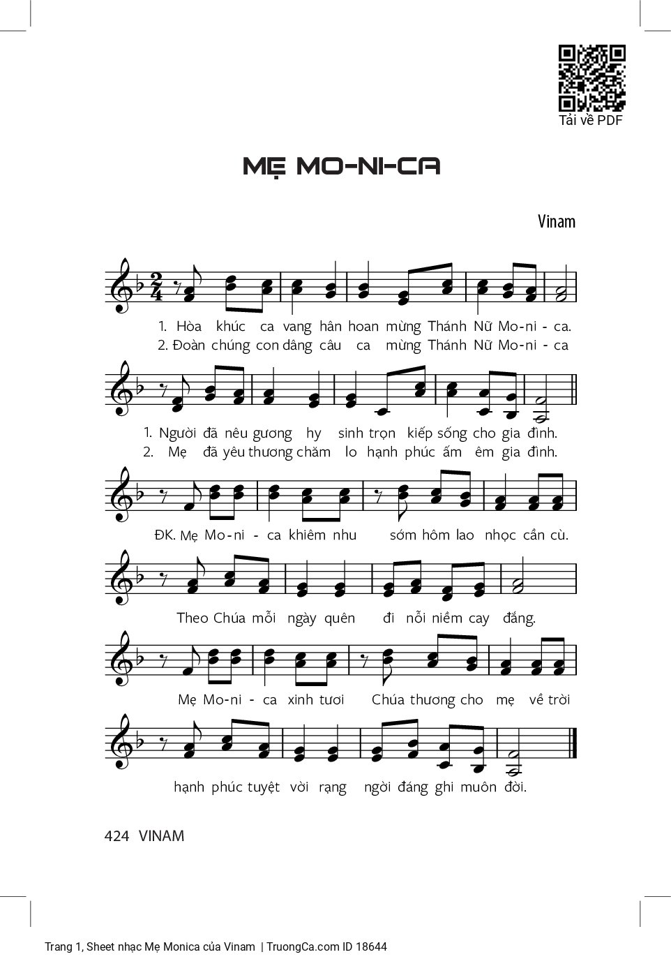 Trang 1 của Sheet nhạc PDF bài hát Mẹ Monica - Vinam