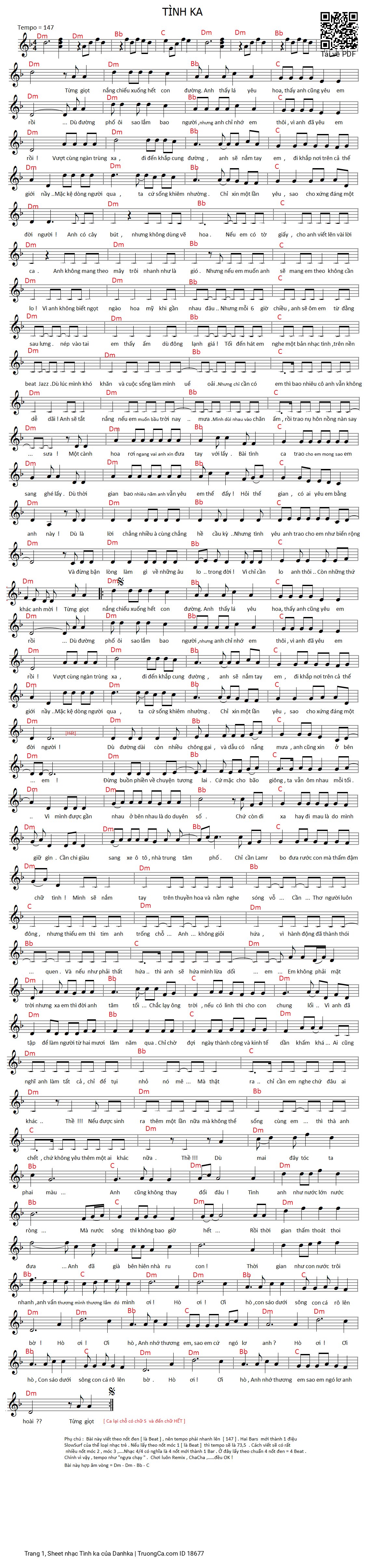 Trang 1 của Sheet nhạc PDF bài hát Tình ka - Danhka