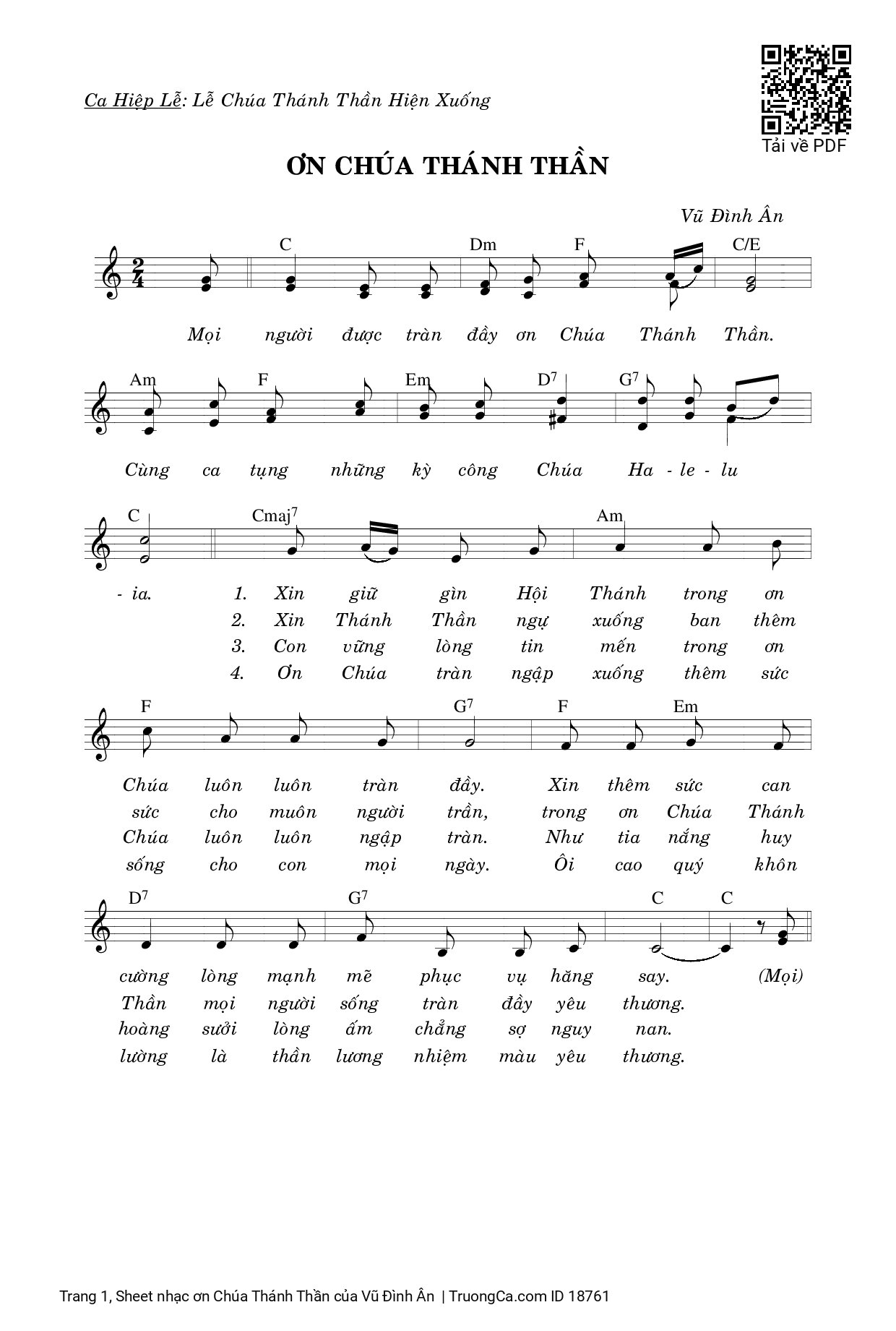 Trang 1 của Sheet nhạc PDF bài hát ơn Chúa Thánh Thần - Vũ Đình Ân