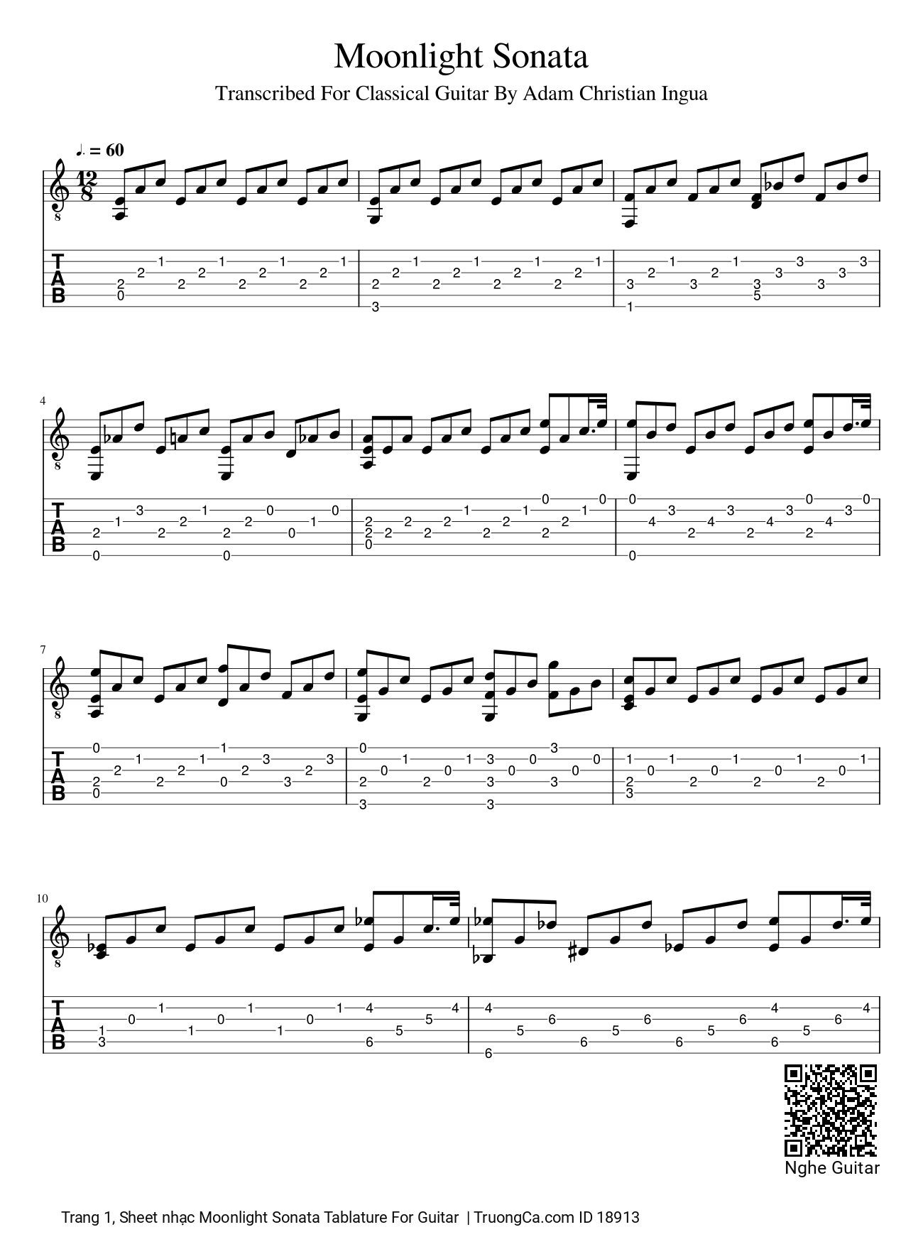 Trang 1 của Sheet nhạc PDF bài hát Moonlight Sonata Tablature Guitar TAB - 