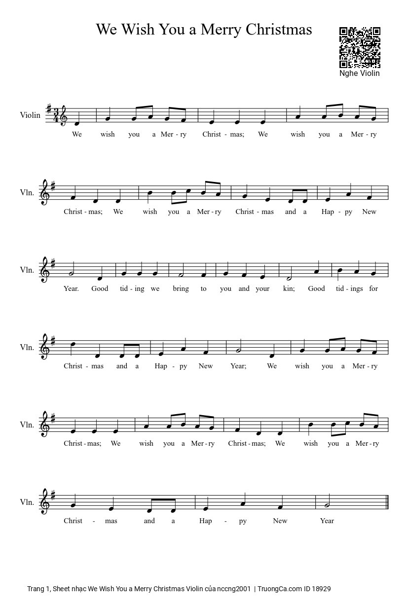 Trang 1 của Sheet nhạc PDF bài hát We Wish You a Merry Christmas Violin - Nccng2001