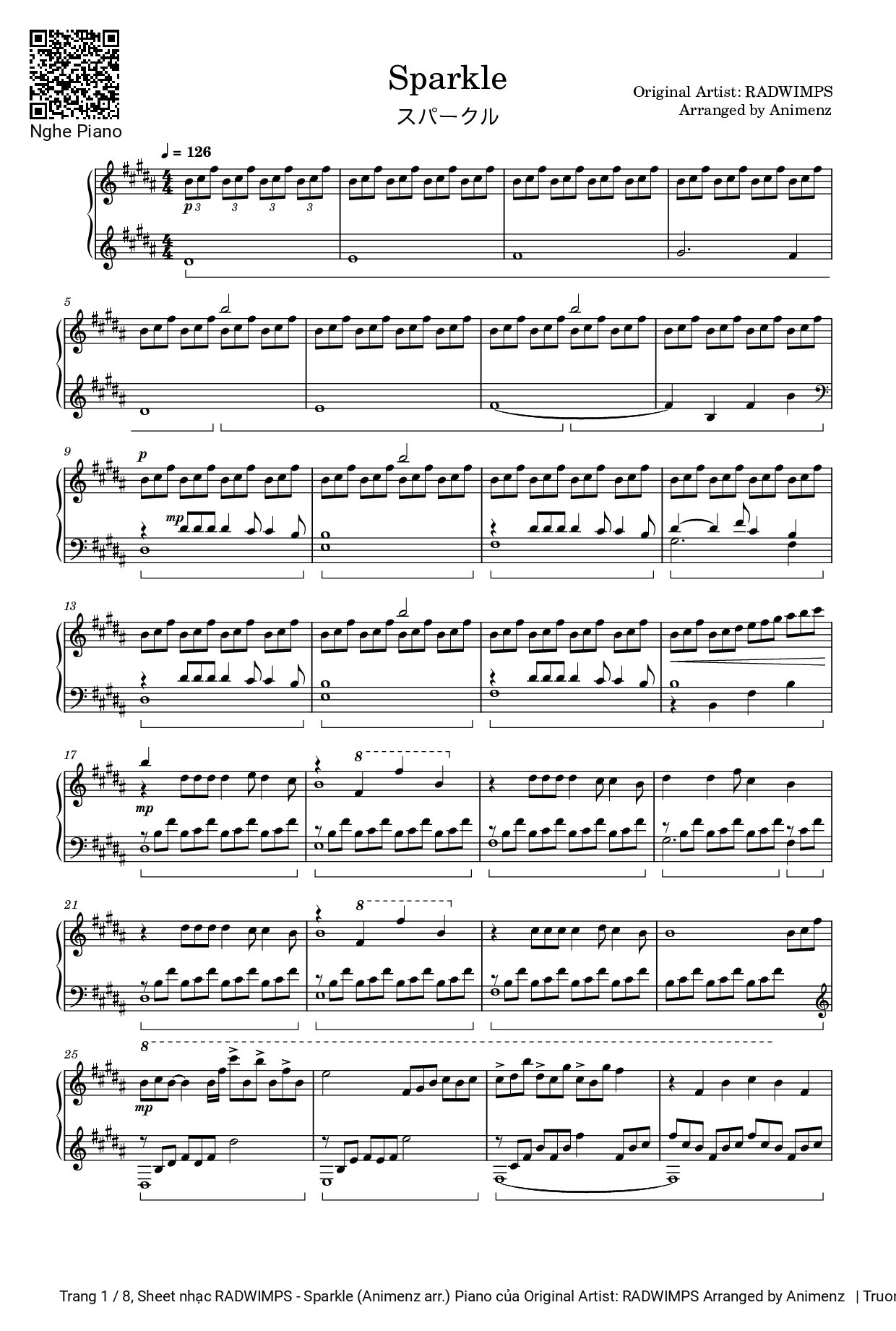 Trang 1 của Sheet nhạc PDF bài hát RADWIMPS - Sparkle (Animenz arr.) Piano - Original Artist: RADWIMPS Arranged by Animenz 