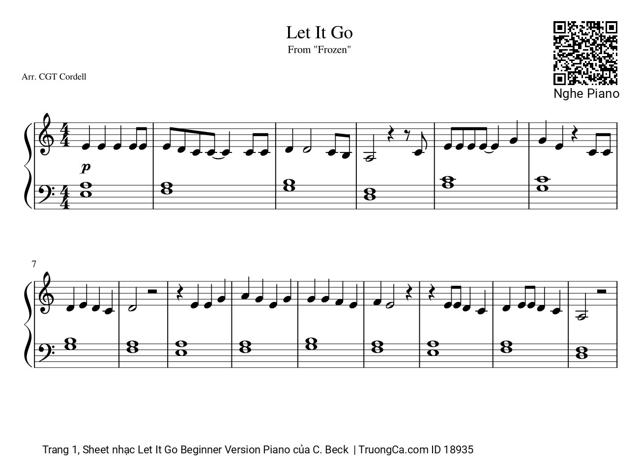 Trang 1 của Sheet nhạc PDF bài hát Let It Go Piano dễ - C. Beck