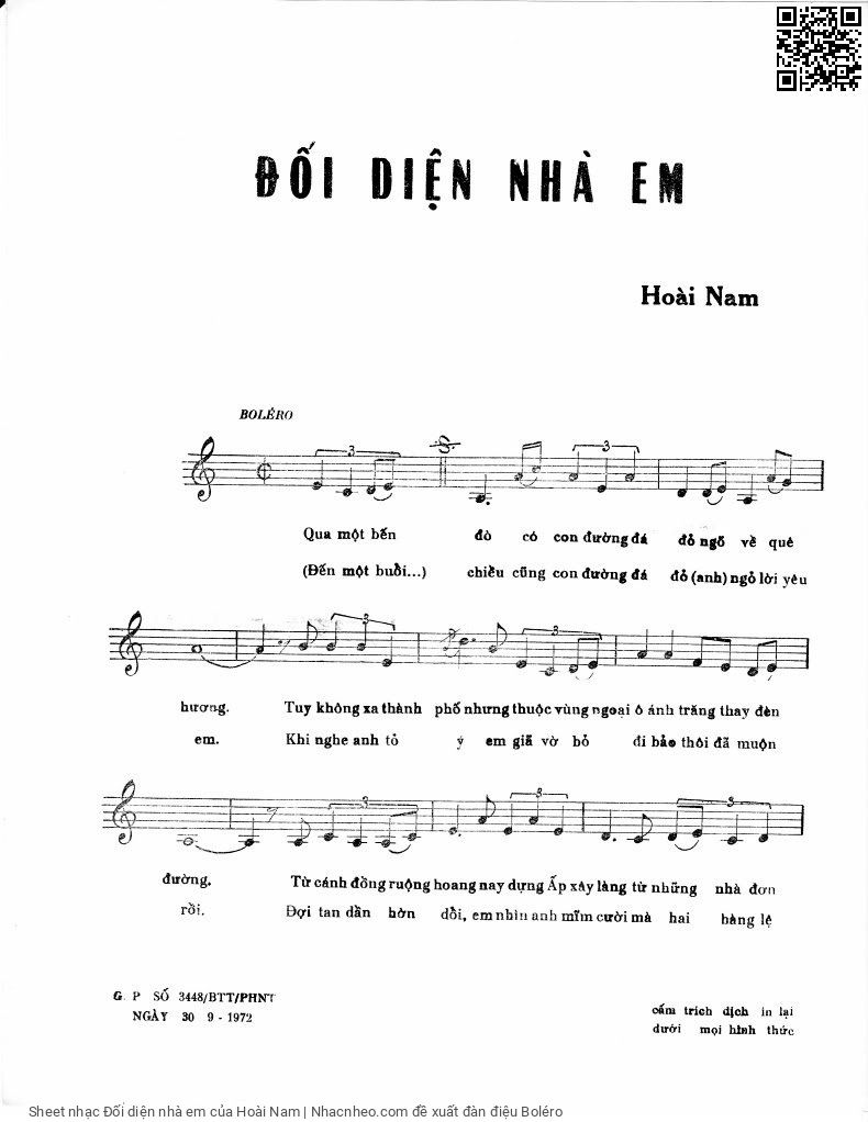 Trang 2 của Sheet nhạc PDF bài hát Đối diện nhà em - Hoài Nam, 1. Qua một bến  đò có con đường đất  đỏ ngõ về  quê em. Tuy không xa thành  phố nhưng thuộc vùng ngoại  ô ánh trăng thay đèn  đường