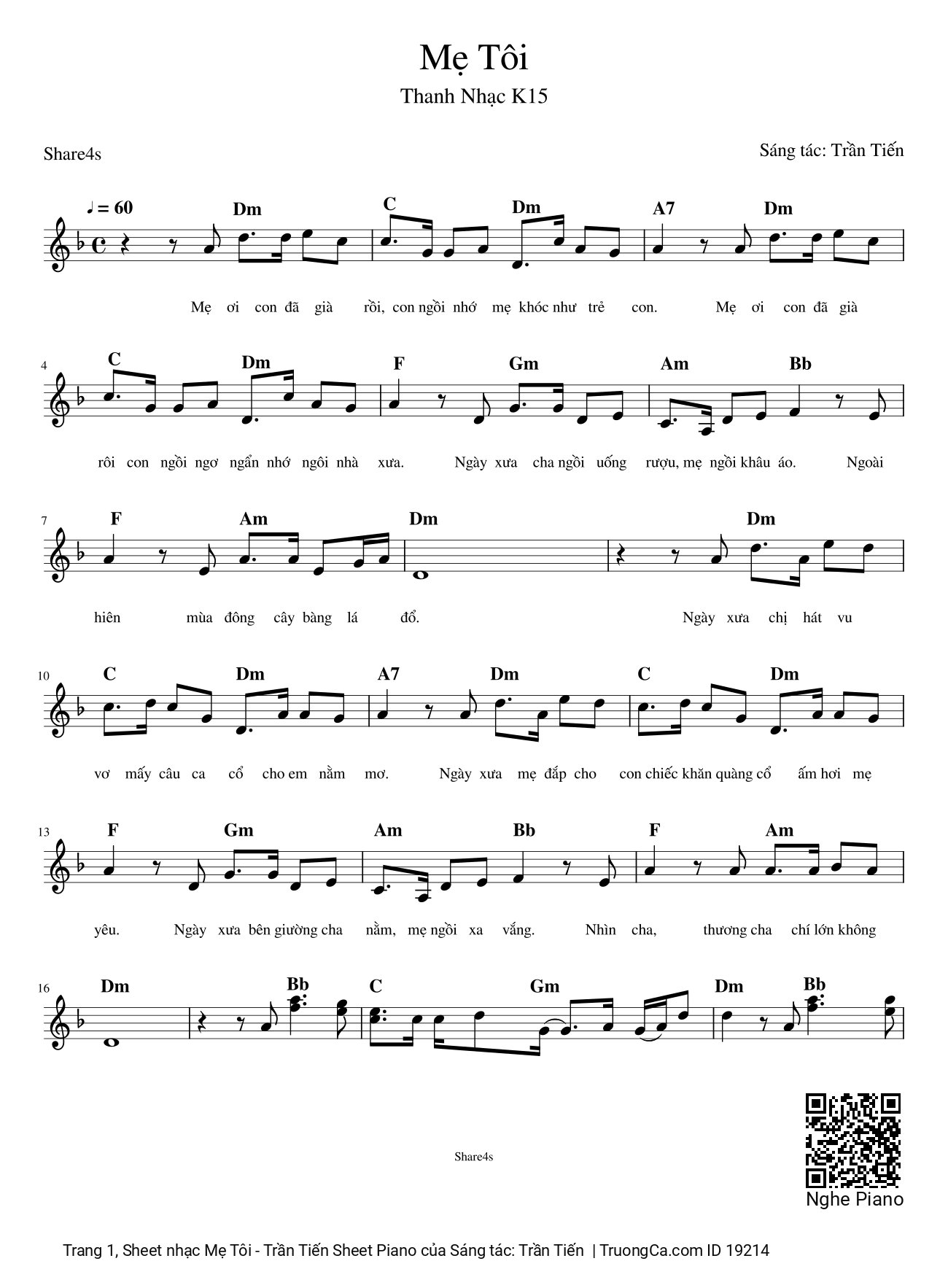 Mẹ Tôi - Trần Tiến Sheet Piano