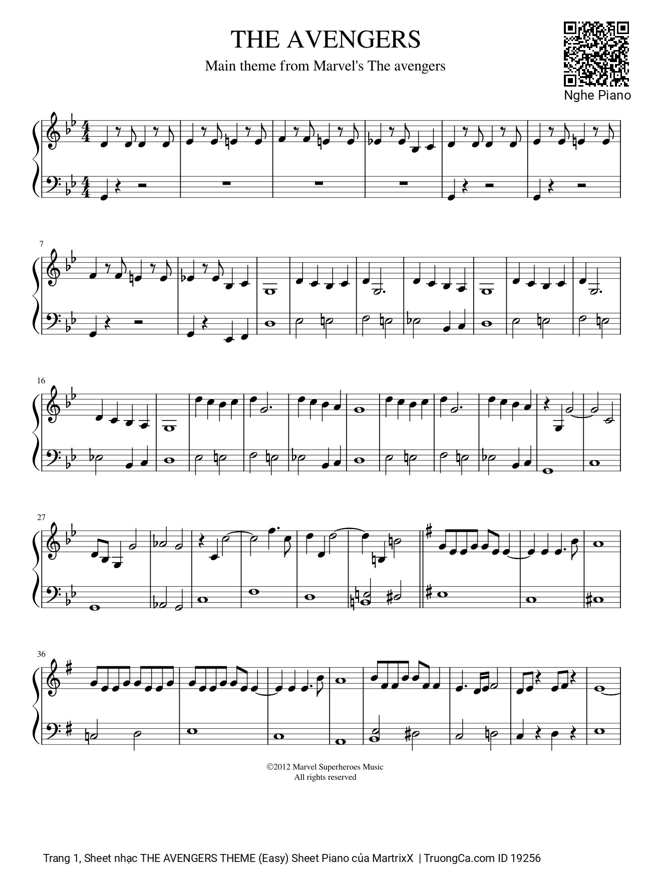 Trang 1 của Sheet nhạc PDF bài hát The Avengers theme (Easy) Sheet Piano - MartrixX