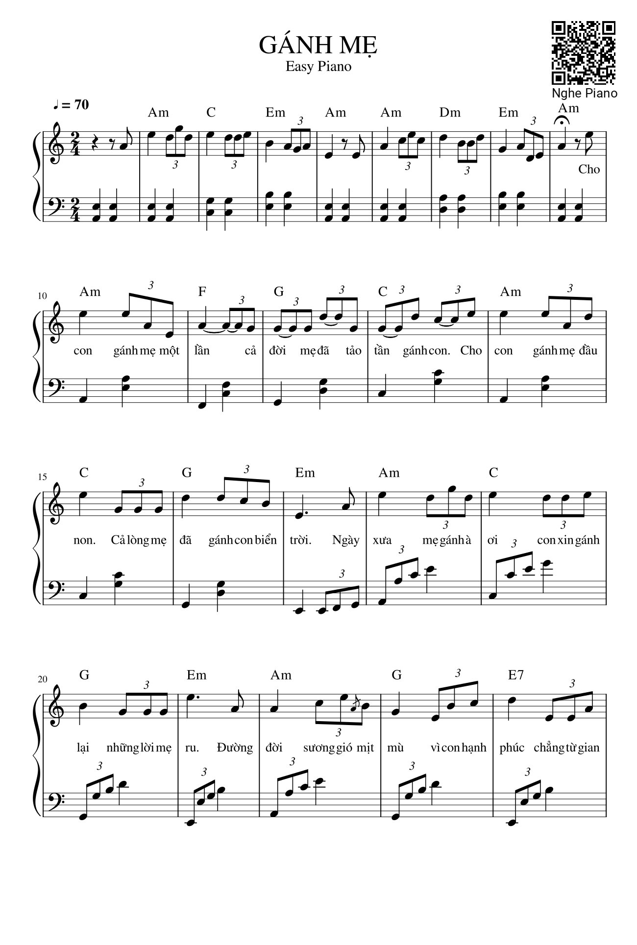 Sheet nhạc PDF bài GÁNH MẸ Sheet Piano