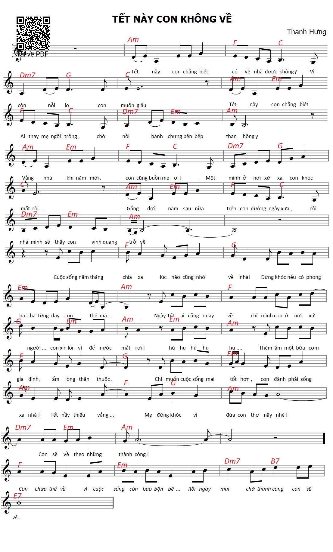 Trang 1 của Sheet nhạc PDF bài hát Tết này con không về - Thanh Hưng