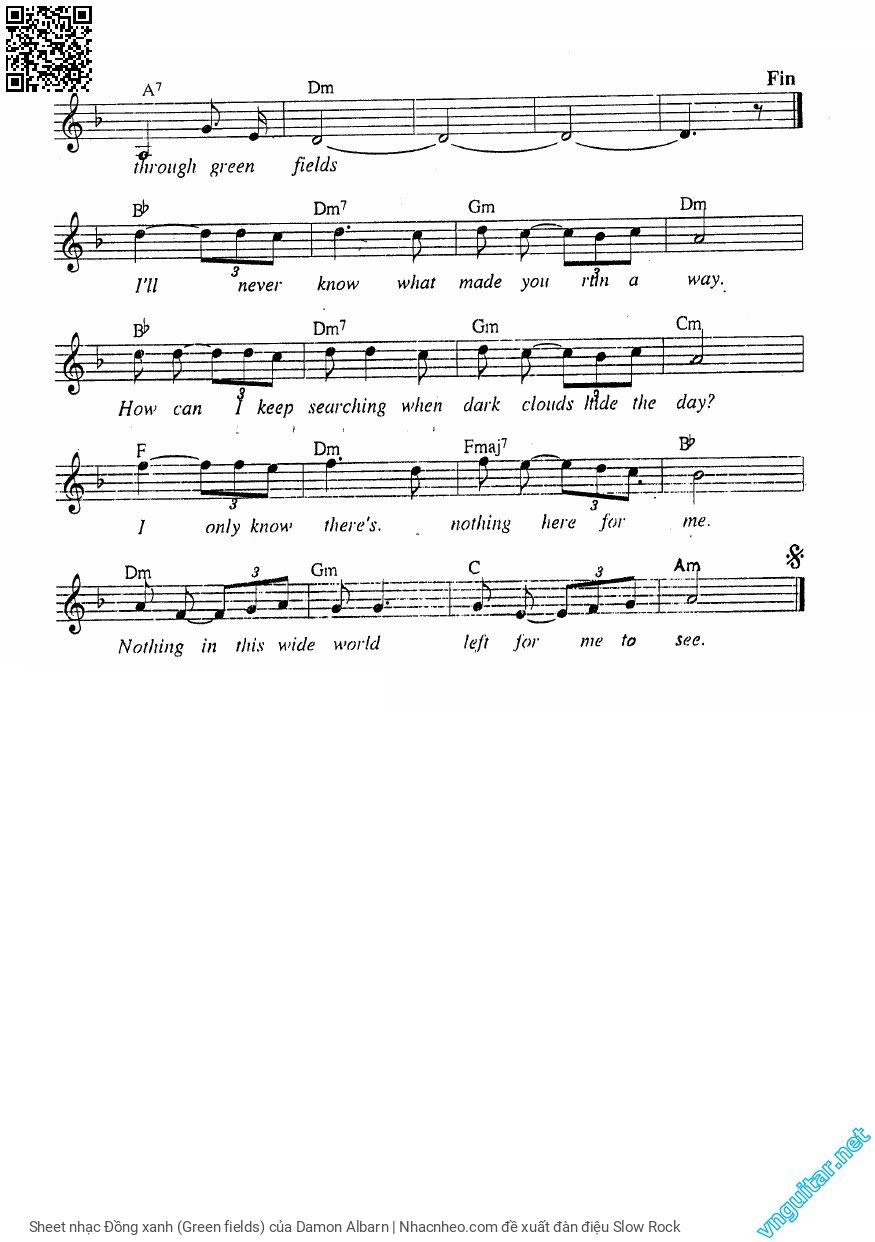 Trang 2 của Sheet nhạc PDF Guitar Tab bài hát Đồng xanh (Green fields) - Damon Albarn, Lời Việt.  1.  Đồng xanh là  chốn đây  thiên đàng cỏ  cây