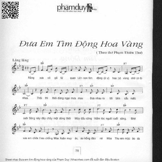 Trang 1 của Sheet nhạc PDF bài hát Đưa em tìm động hoa vàng - Phạm Duy, Rằng  xưa có gã từ quan. Lên non tìm động hoa  vàng nhớ  nhau Thôi thì thôi đừng ngại mưa  mau