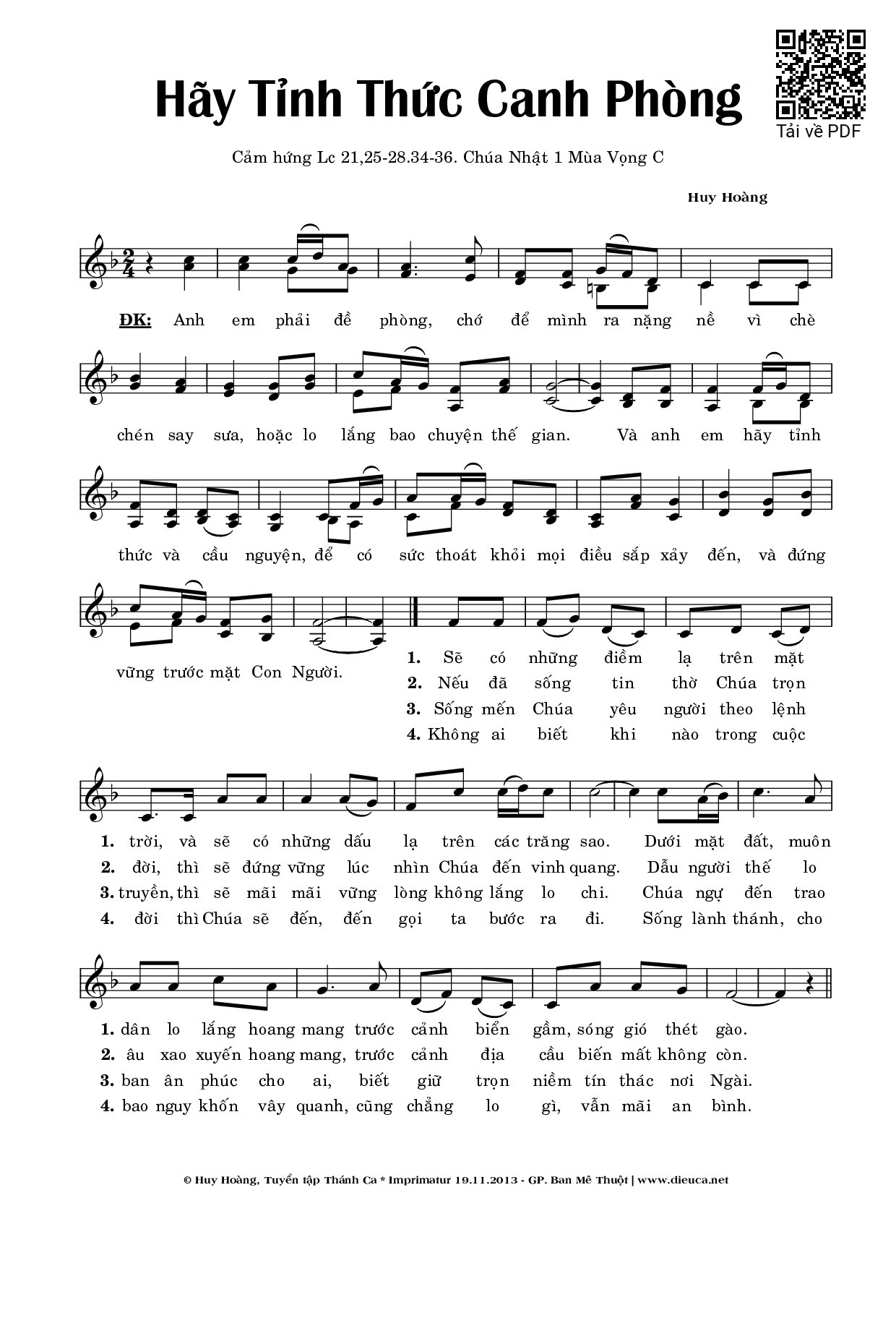 Sheet nhạc PDF bài Hãy Tỉnh Thức Canh Phòng