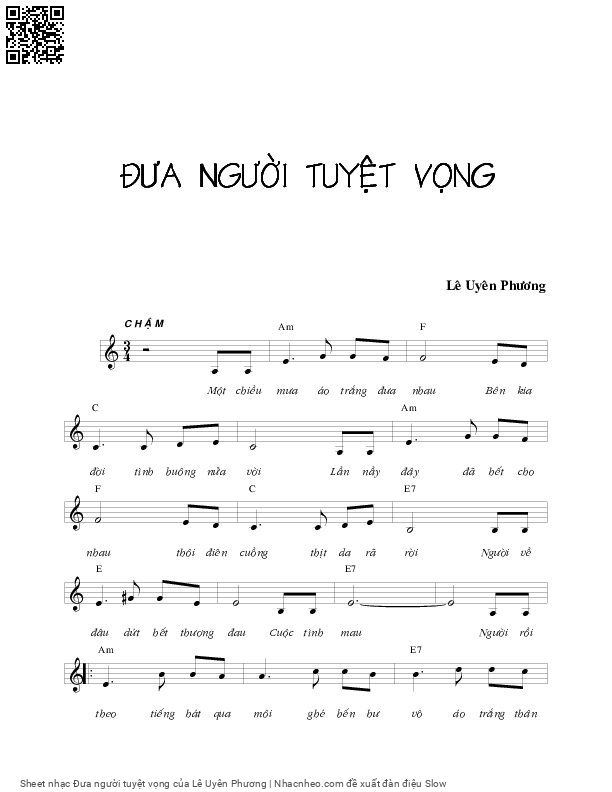 Trang 1 của Sheet nhạc PDF bài hát Đưa người tuyệt vọng - Lê Uyên Phương, Một chiều  mưa áo trắng đưa  nhau