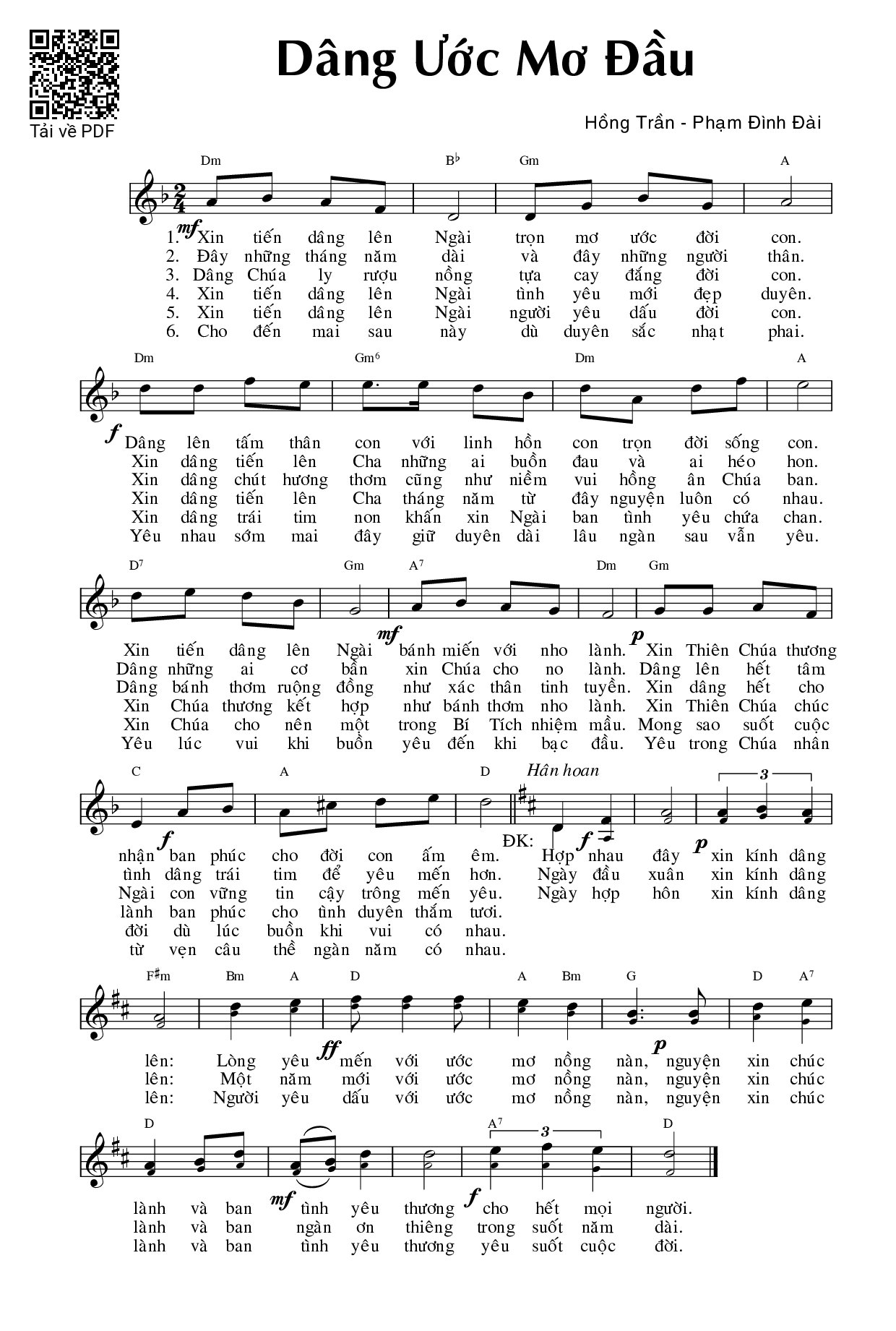 Trang 1 của Sheet nhạc PDF bài hát Dâng ước mơ đầu - Phạm Đình Đài