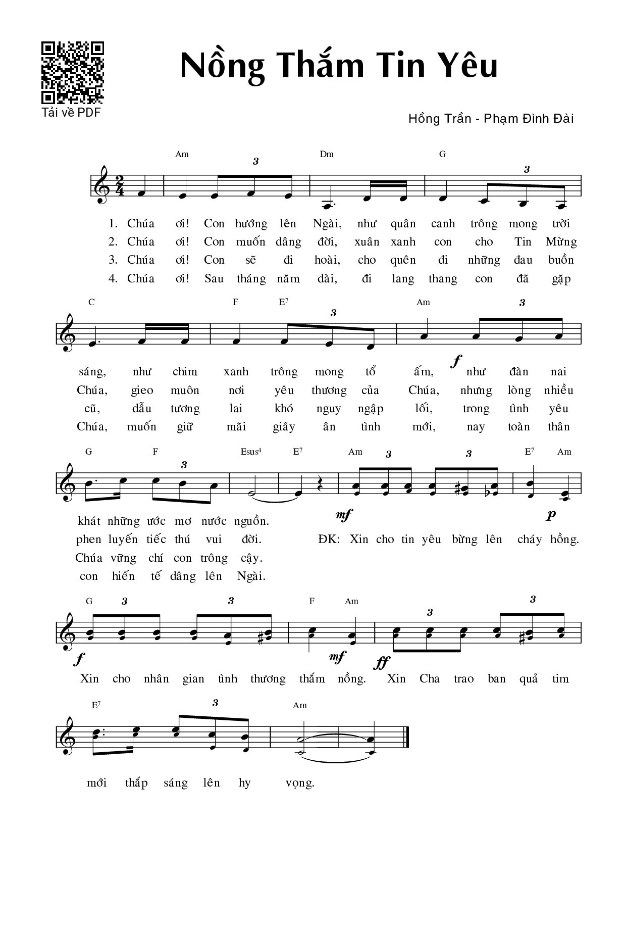 Trang 1 của Sheet nhạc PDF bài hát Nồng thắm tin yêu - Phạm Đình Đài
