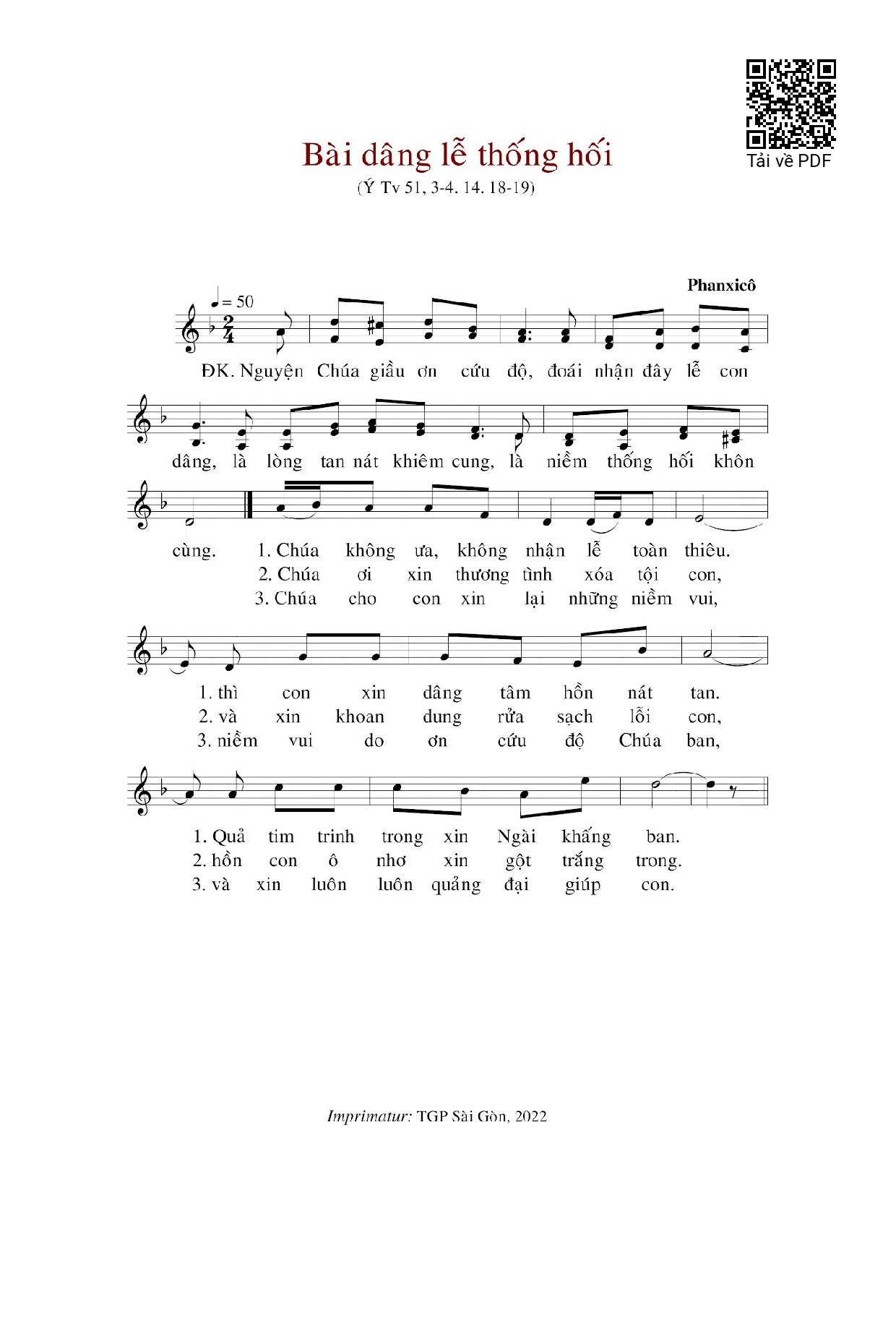 Trang 1 của Sheet nhạc PDF bài hát Bài Dâng Lễ Thống Hối - Phanxicô