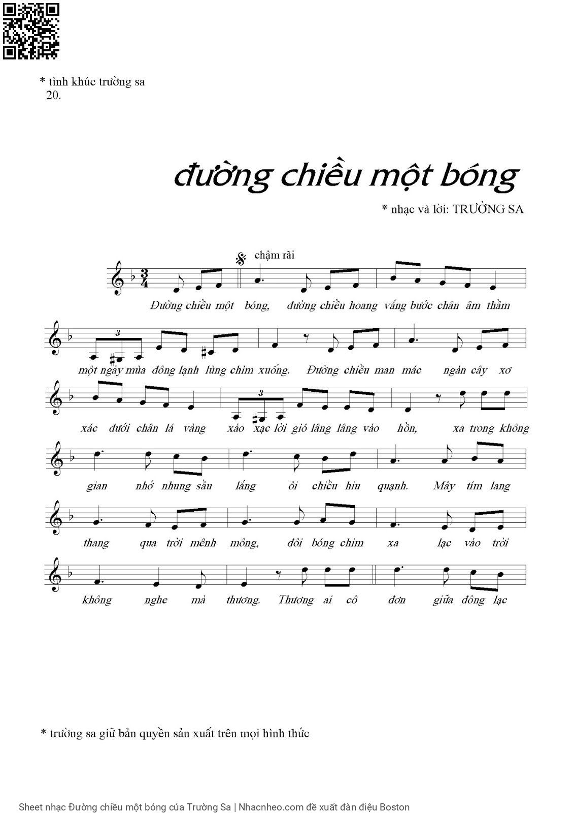 Trang 1 của Sheet nhạc PDF bài hát Đường chiều một bóng - Trường Sa, Đường chiều một  bóng. Đường chiều hoang  vắng bước chân âm  thầm Một ngày mùa  đông lạnh lùng chìm  xuống