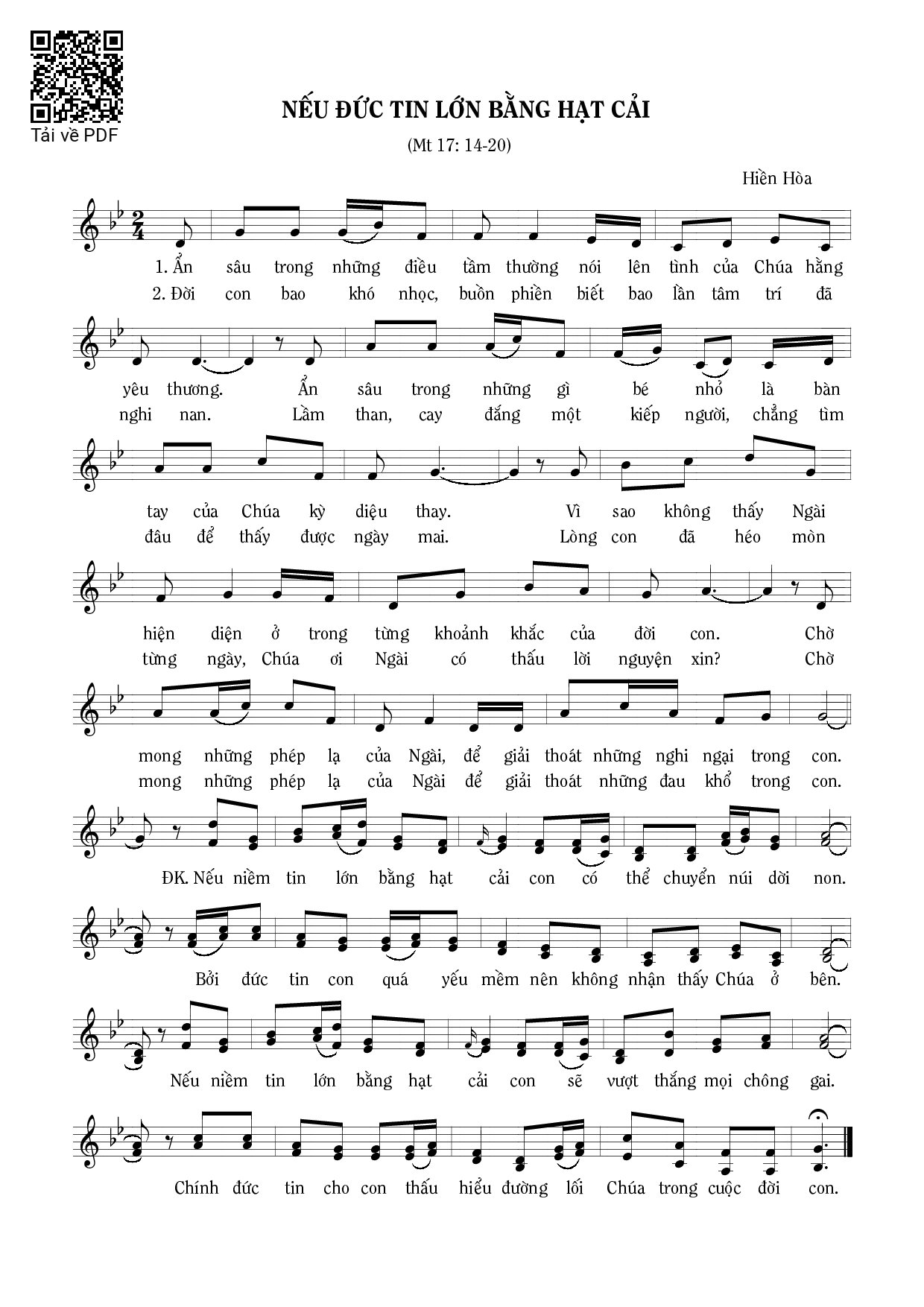 Sheet nhạc PDF bài Nếu Đức tin lớn bằng hạt cải