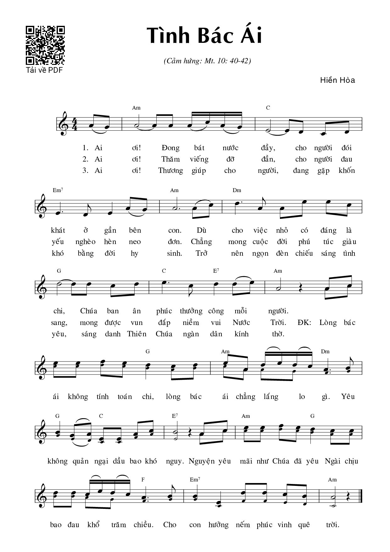Trang 1 của Sheet nhạc PDF bài hát Tình bác ái (Mt. 10) - Hiền Hòa