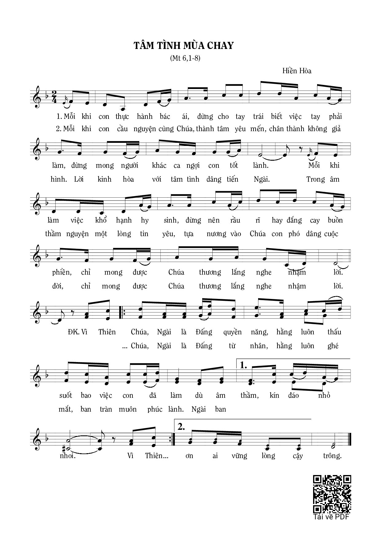 Sheet nhạc PDF bài Tâm tình mùa Chay (Mt. 6)