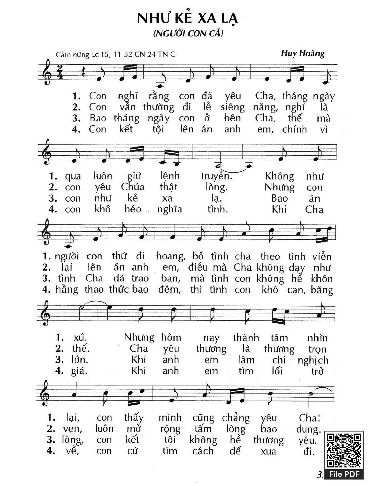 Trang 1 của Sheet nhạc PDF bài hát Như kẻ xa lạ (Lc. 15) - Huy Hoàng