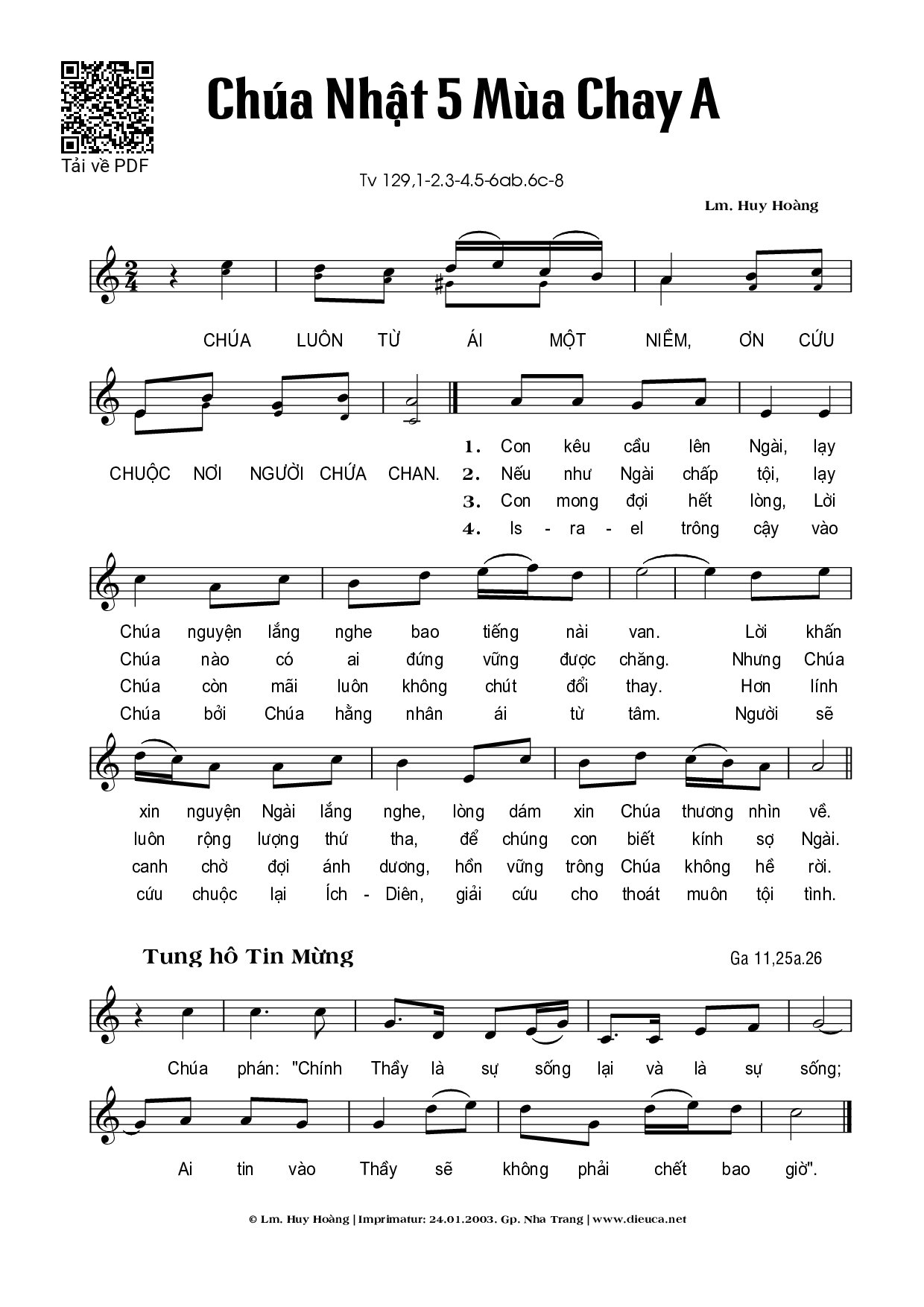 Trang 1 của Sheet nhạc PDF bài hát Chúa Nhật 5A Mùa Chay (Thánh Vịnh 129) - Huy Hoàng