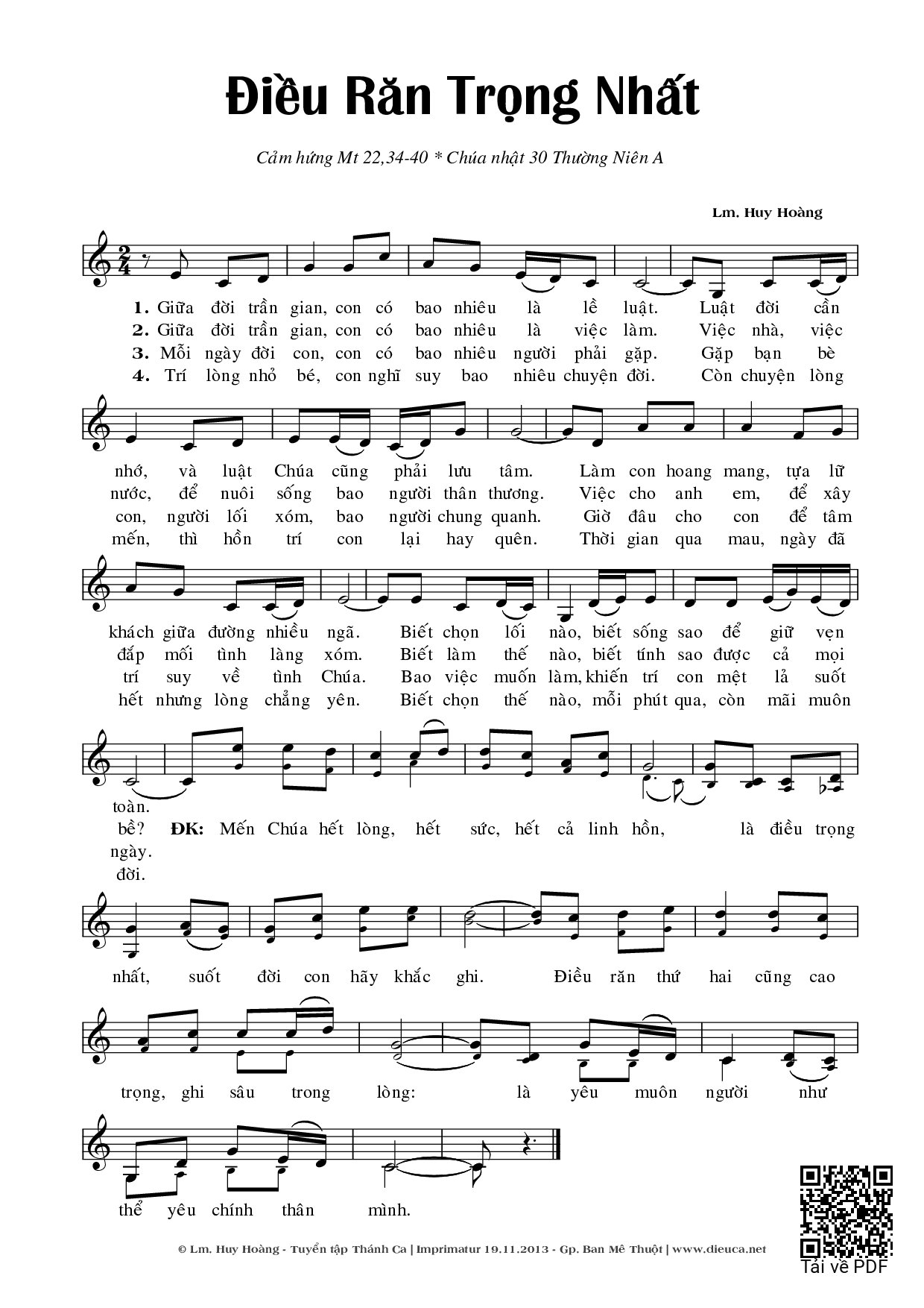 Trang 1 của Sheet nhạc PDF bài hát Điều Răn Trọng Nhất (Mt. 22) - Huy Hoàng