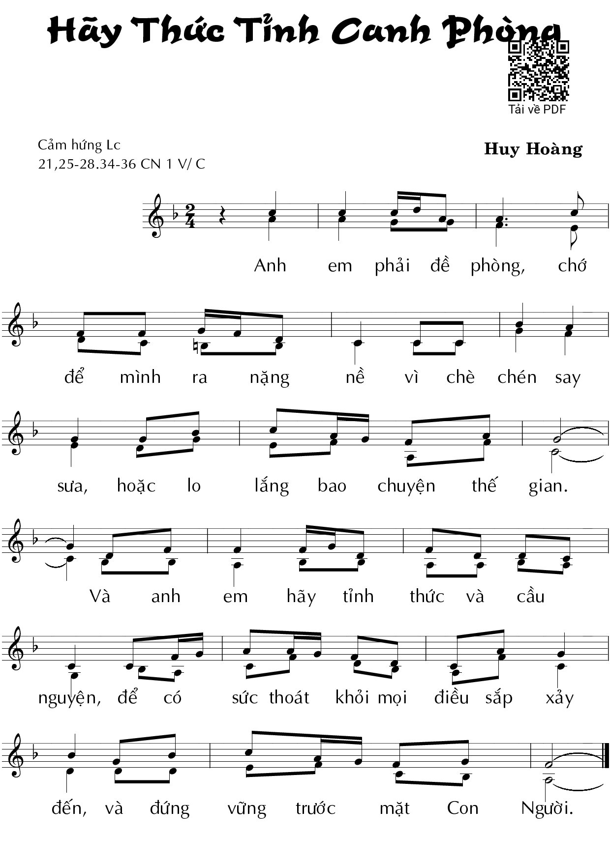 Sheet nhạc PDF bài Hãy thức tỉnh canh phòng