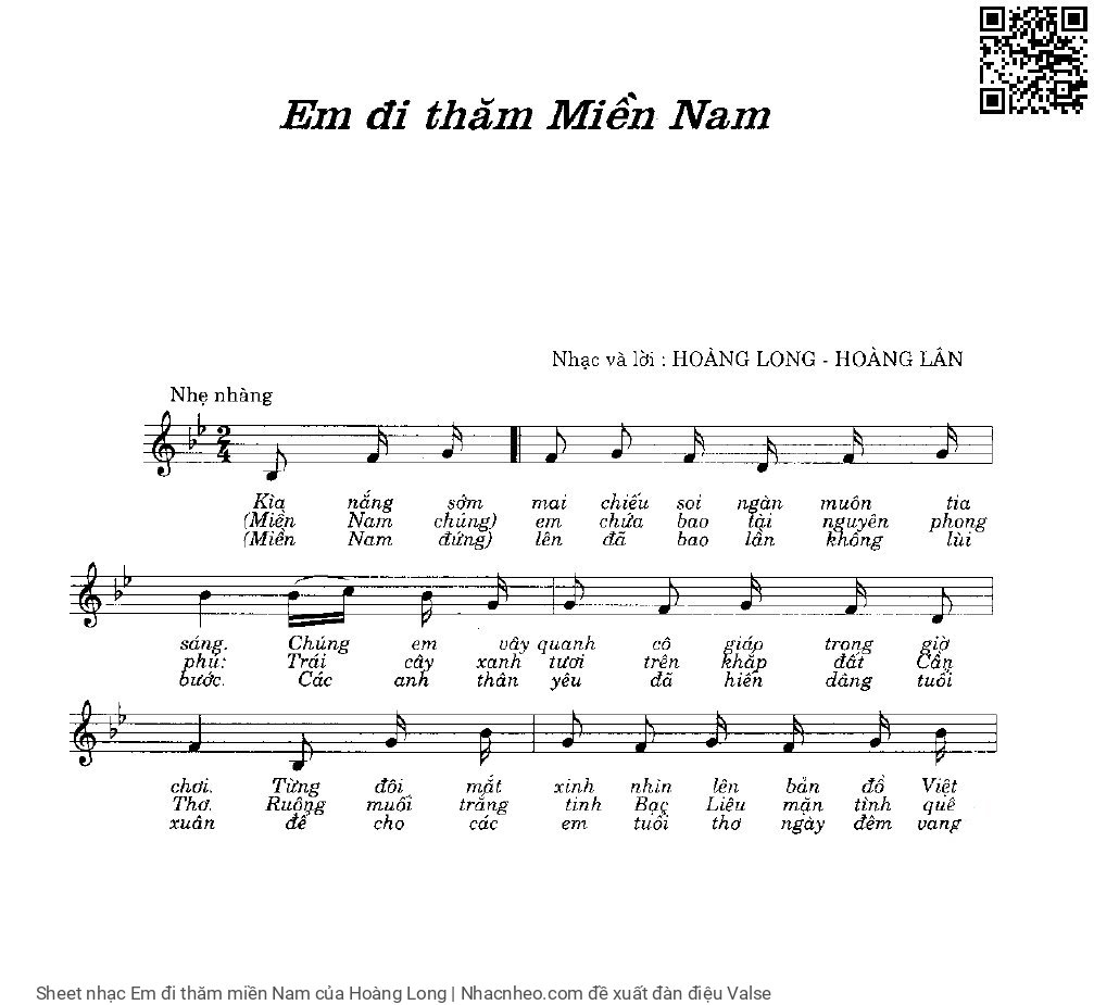 Trang 1 của Sheet nhạc PDF bài hát Em đi thăm miền Nam - Hoàng Long, 1. Kìa nắng sớm  mai chiếu soi ngàn muôn tia  sáng. Chúng em vây  quanh cô  giáo trong giờ  chơi