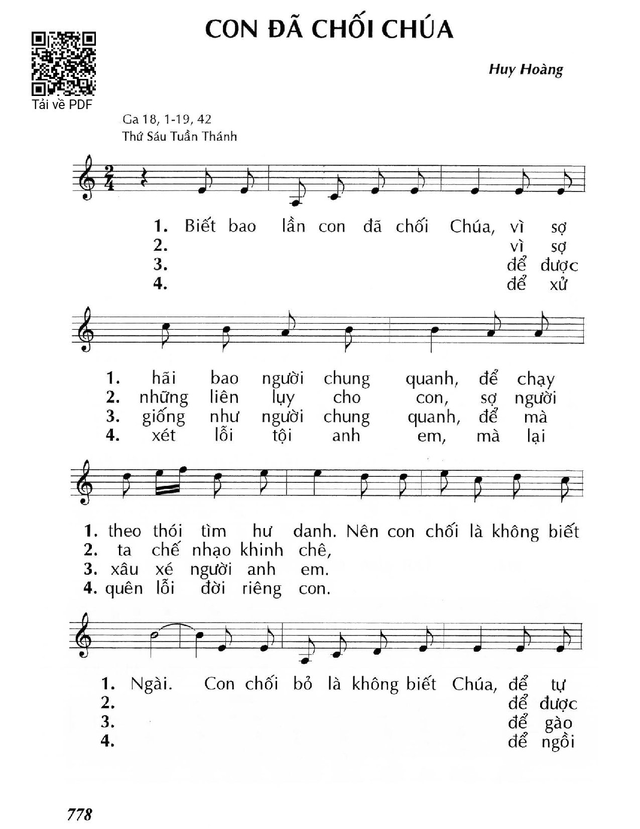 Sheet nhạc PDF bài Con đã chối Chúa