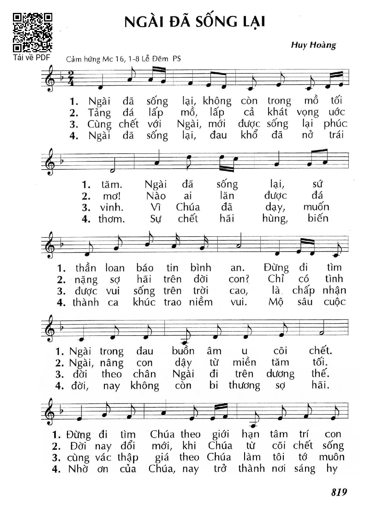 Trang 1 của Sheet nhạc PDF bài hát Ngài đã sống lại - Huy Hoàng