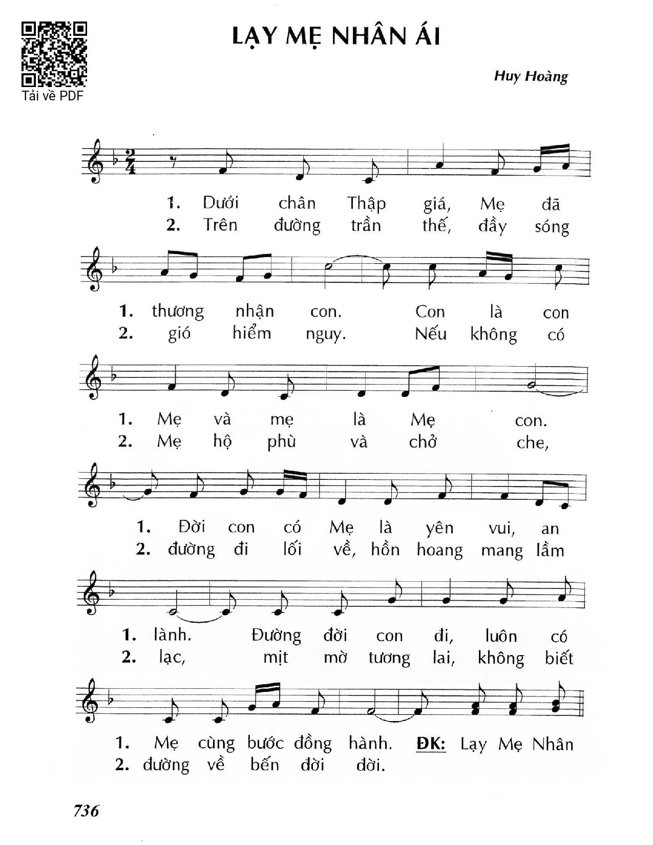 Trang 1 của Sheet nhạc PDF bài hát Lạy Mẹ nhân ái - Huy Hoàng