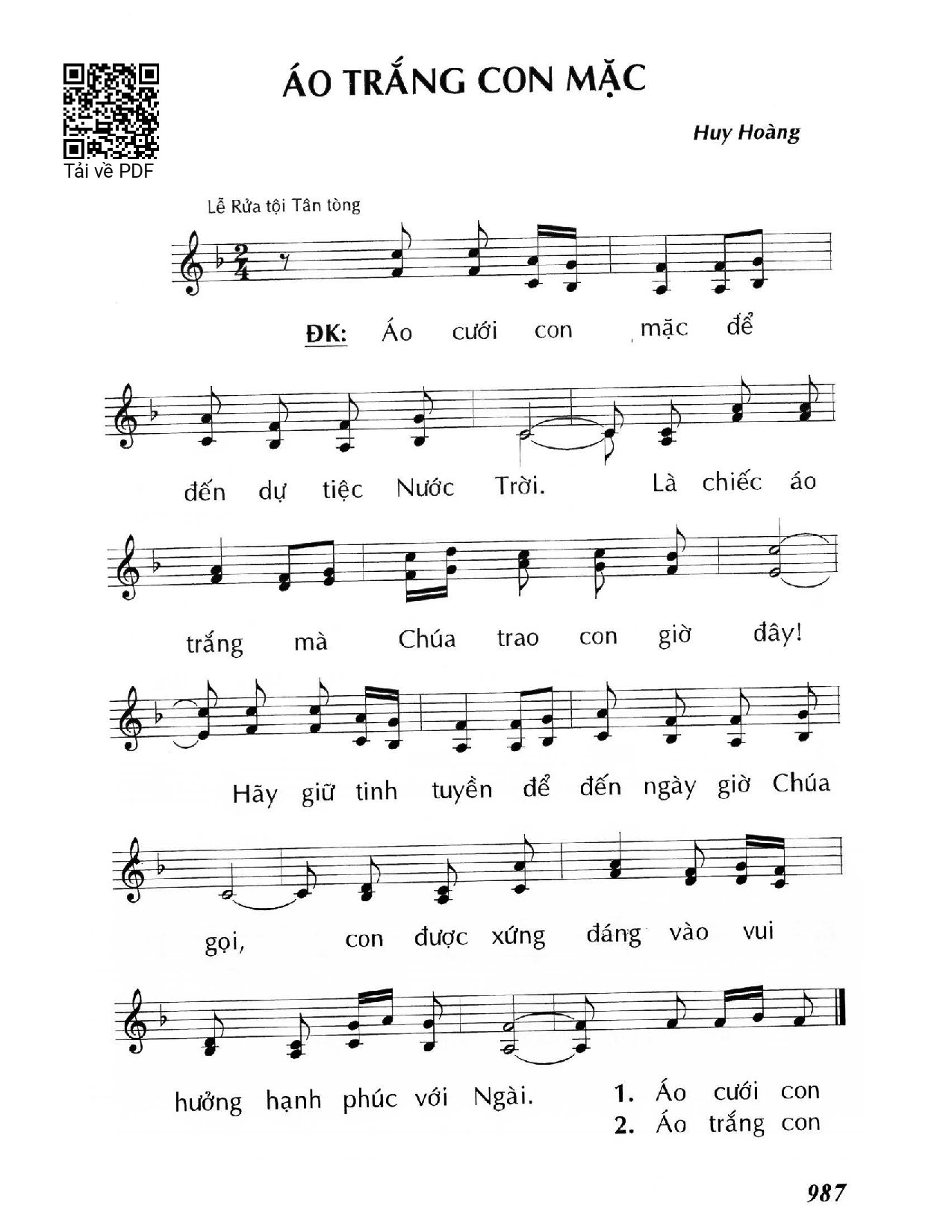 Sheet nhạc PDF bài Áo trắng con mặc