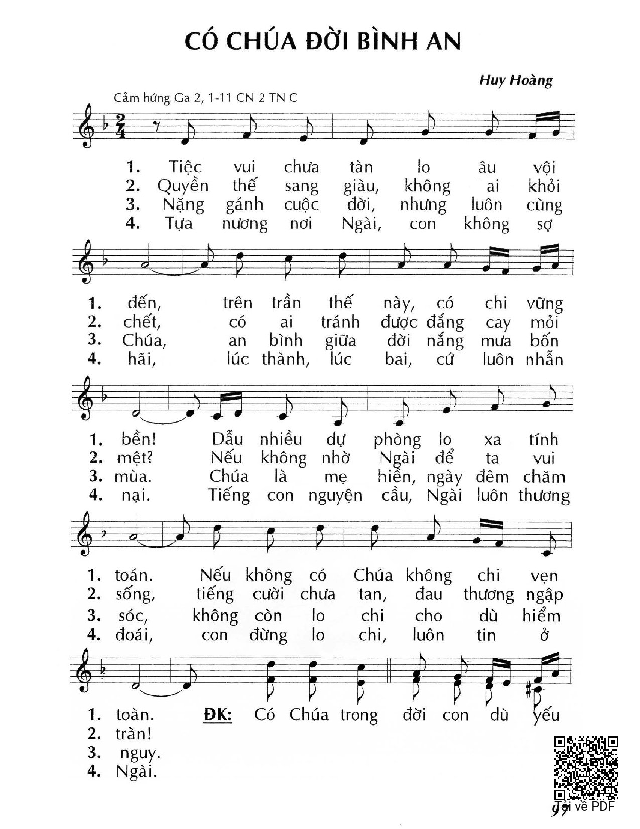 Sheet nhạc PDF bài Có Chúa đời bình an (Ga 2, 1-11) – Chúa Nhật 2 Thường Niên/C.