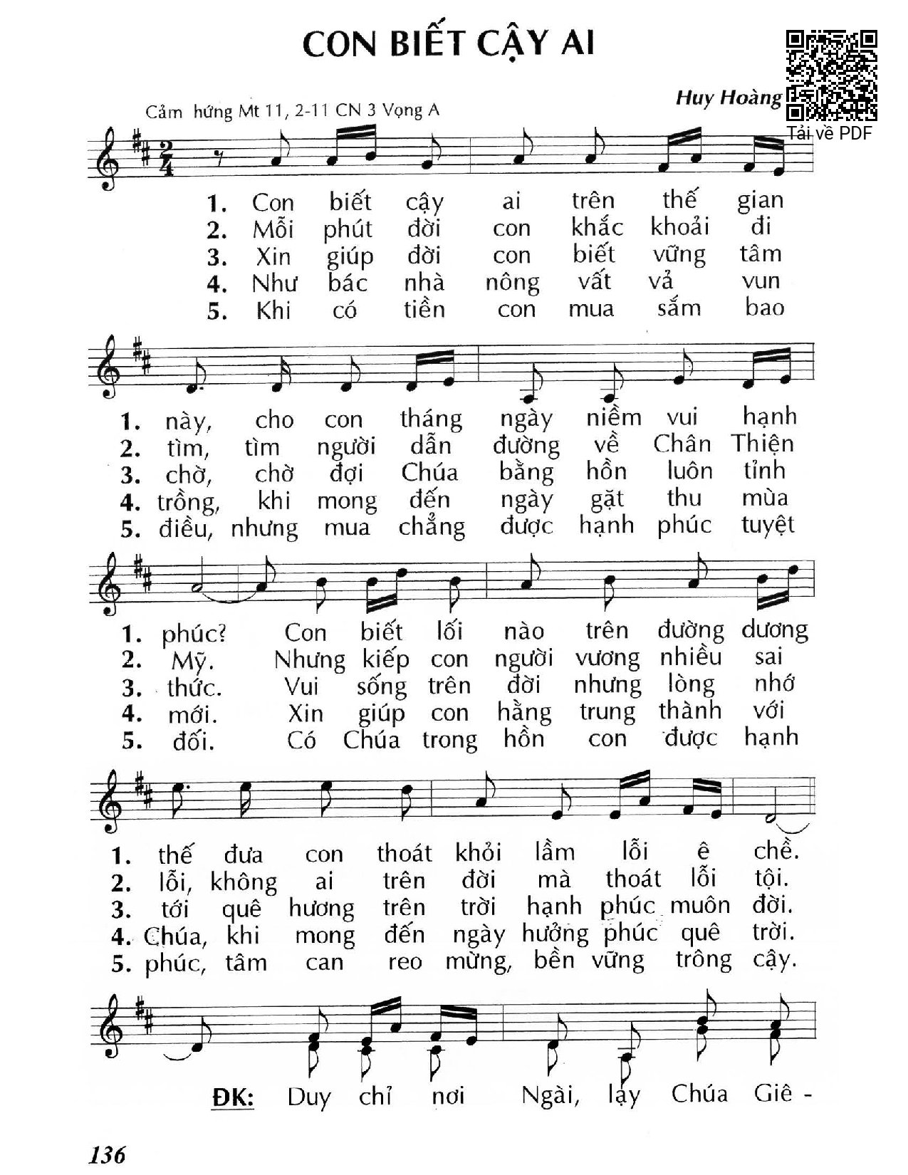 Sheet nhạc PDF bài Con biết cậy ai (Mt 11, 2-11) – Chúa Nhật 3 Mùa Vọng/A.