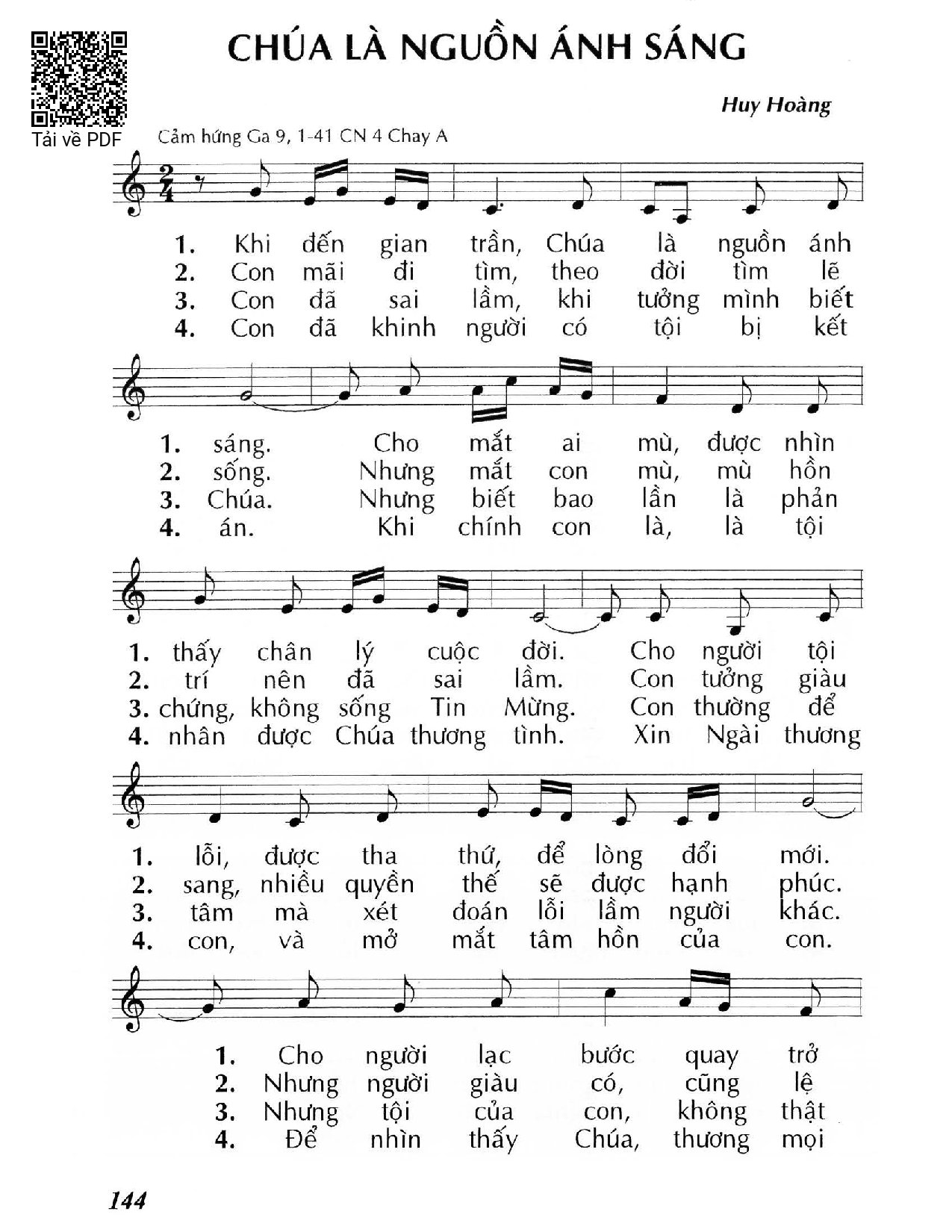 Sheet nhạc PDF bài Chúa là nguồn ánh sáng (Ga 9, 1-41) – Chúa Nhật 4 Mùa Chay/A.