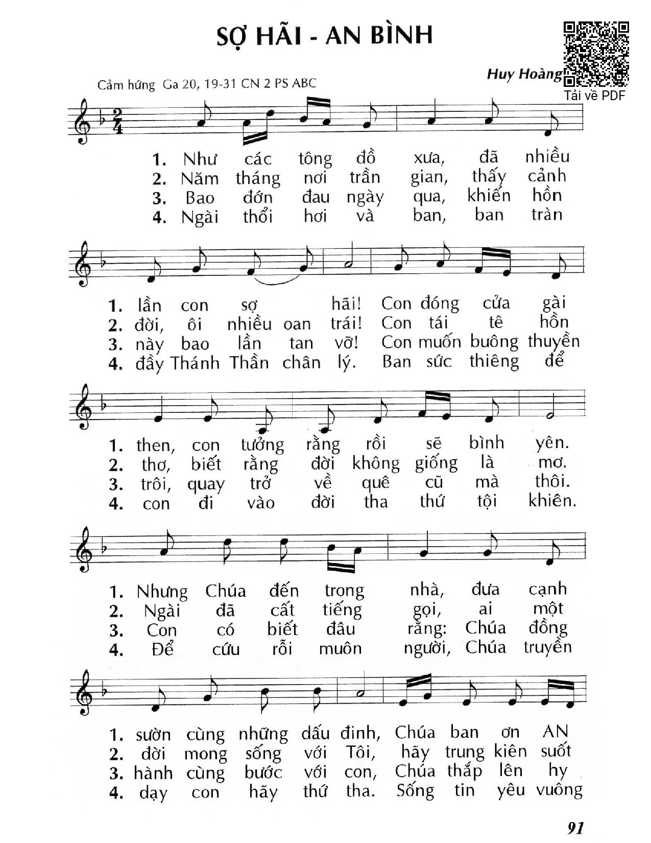 Sheet nhạc PDF bài Sợ hãi – Anh bình (Ga 20, 19-31) – Chúa Nhật 2 Phục Sinh/ABC.