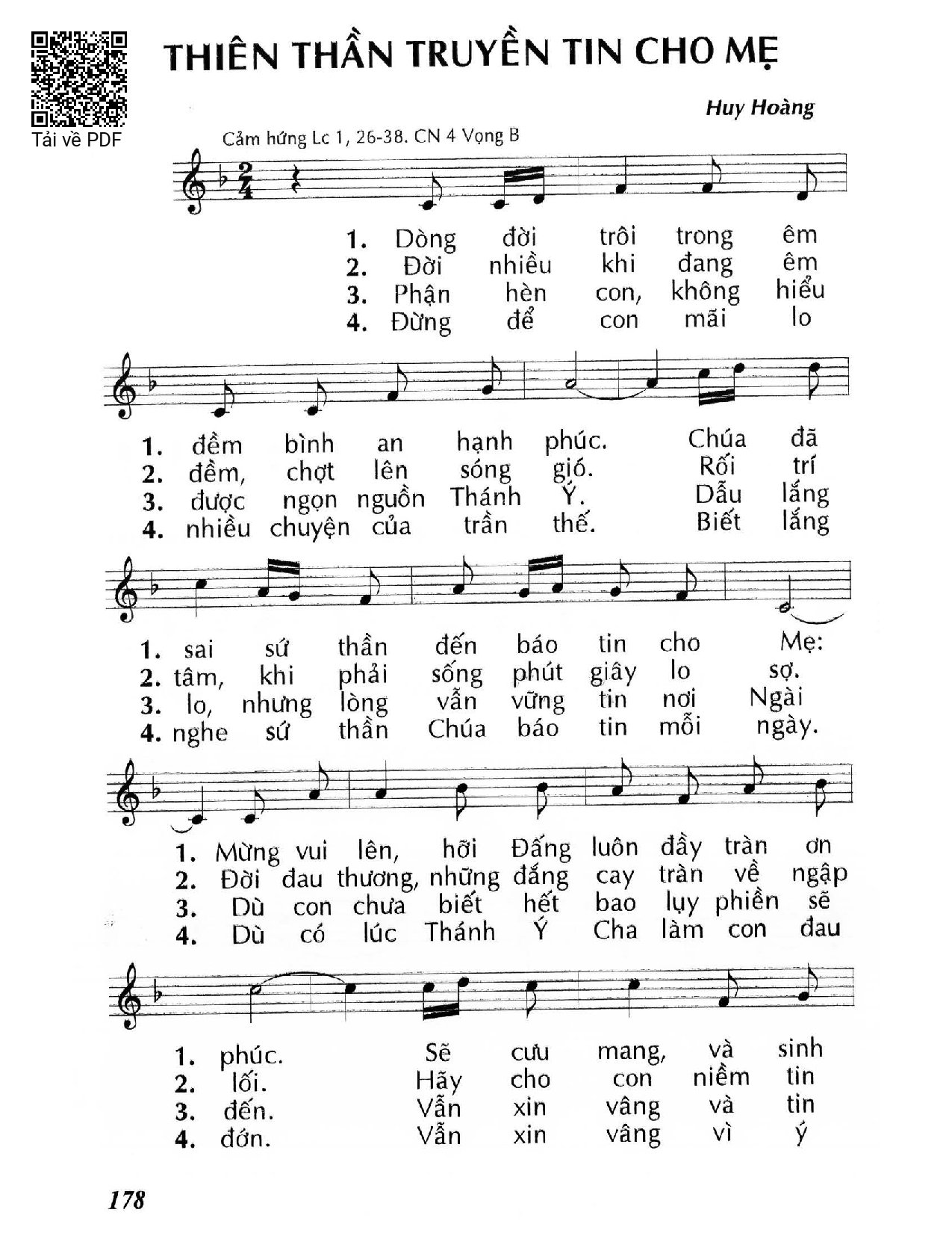 Sheet nhạc PDF bài Thiên Thần truyền tin cho Mẹ (Lc 1, 26-38) – Chúa Nhật 4 Mùa Vọng/B.