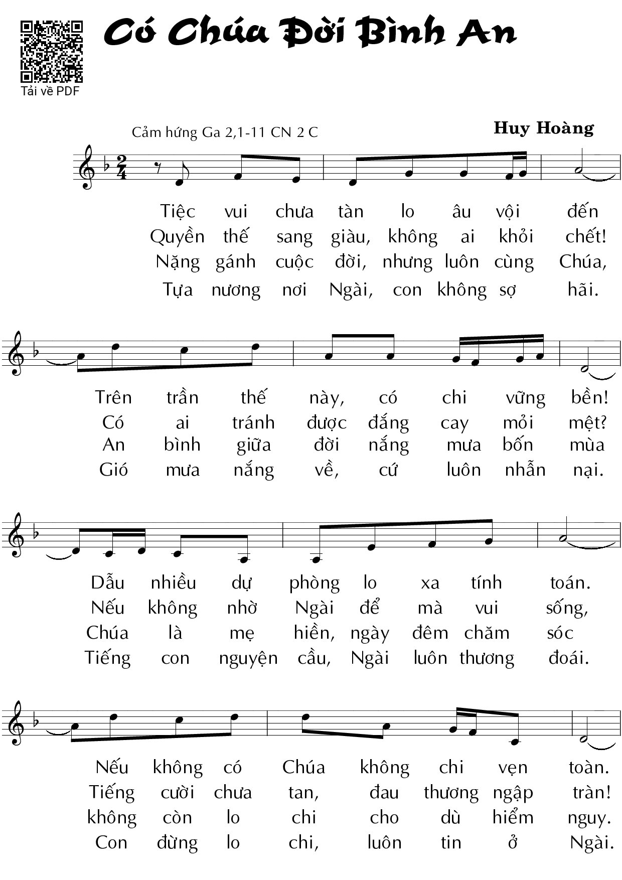 Sheet nhạc PDF bài Có Chúa đời bình an (CN 2 TN C) – Huy Hoàng