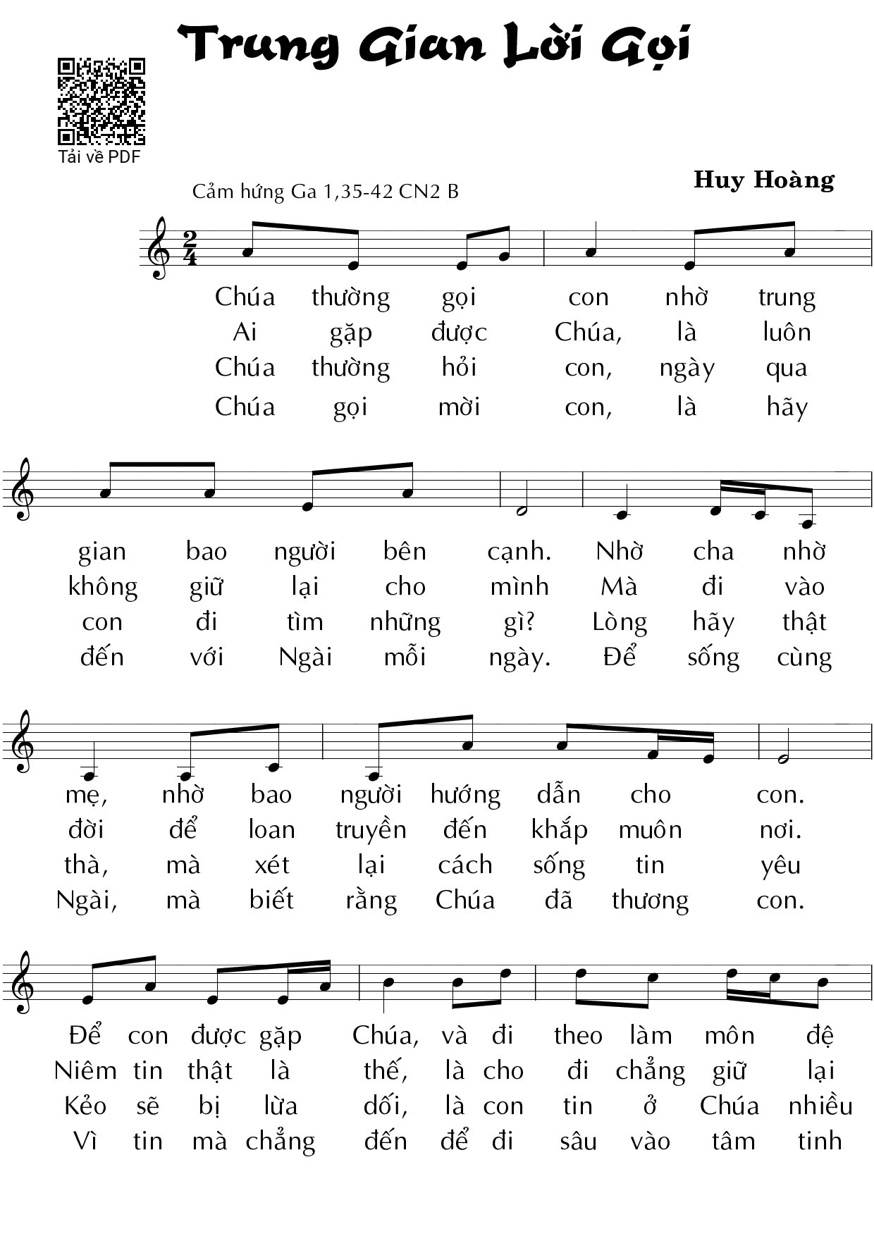 Sheet nhạc PDF bài Trung gian lời gọi (CN 2 TN B) – Huy Hoàng