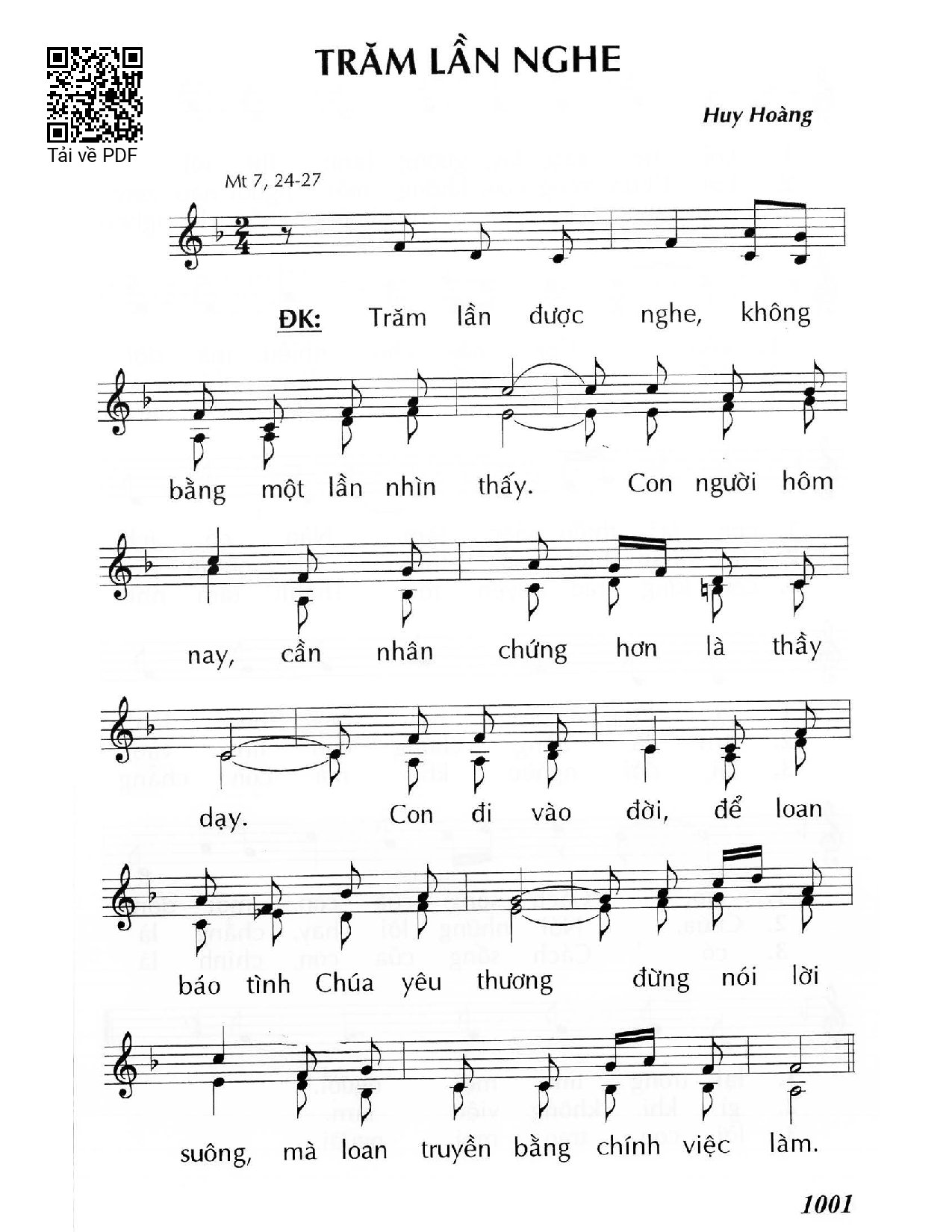 Sheet nhạc PDF bài Trăm lần nghe (Mt 7,24-27)
