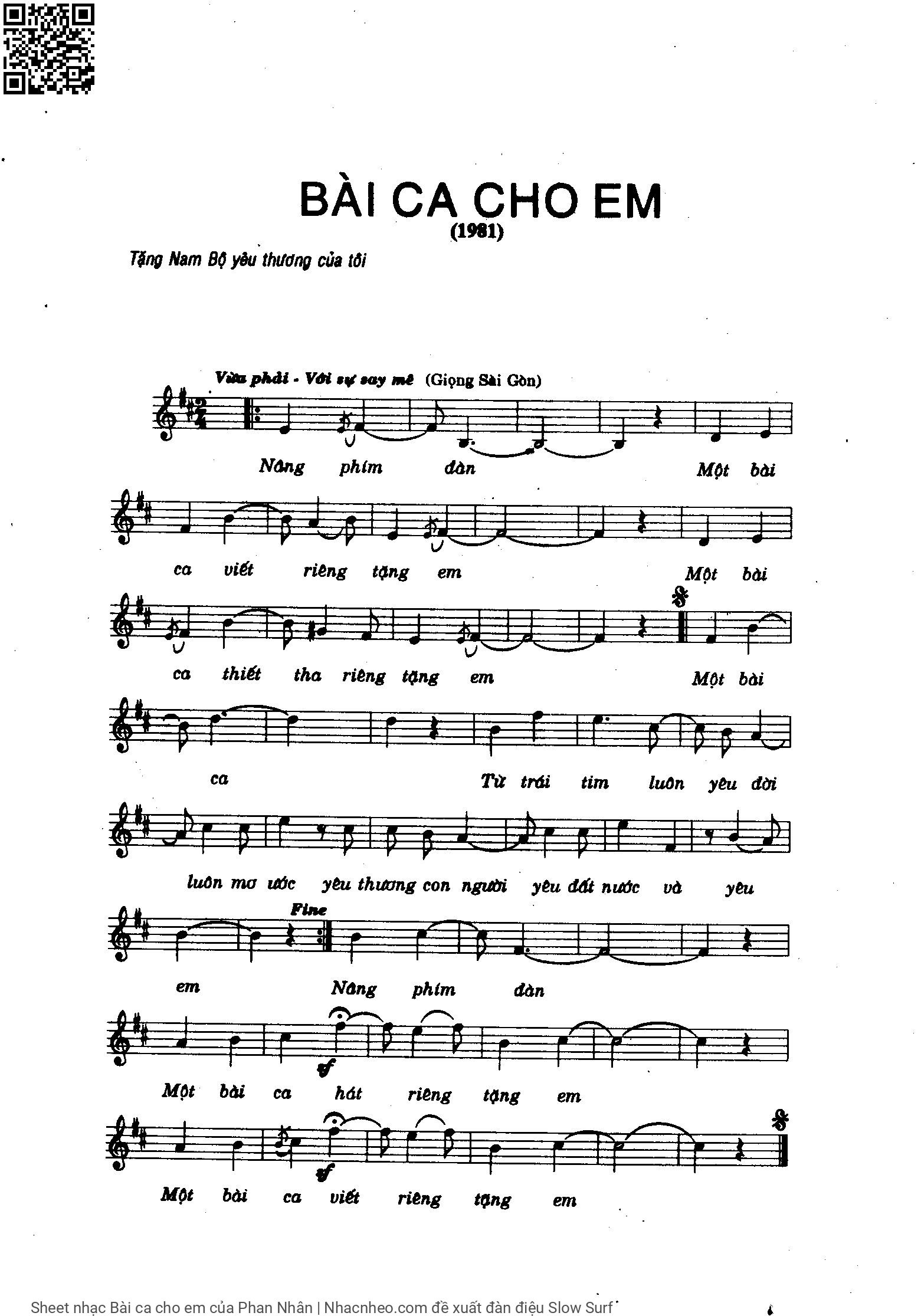 Trang 1 của Sheet nhạc PDF bài hát Bài ca cho em - Phan Nhân, Nâng phím  đàn. Một bài ca  viết riêng tặng  em Một bài ca  thiết tha riêng tặng  em