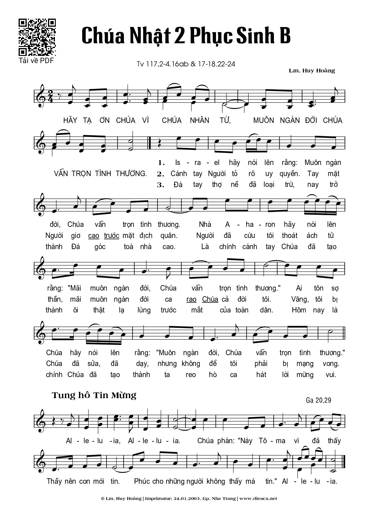 Sheet nhạc PDF bài Chúa Nhật 2A Phục Sinh