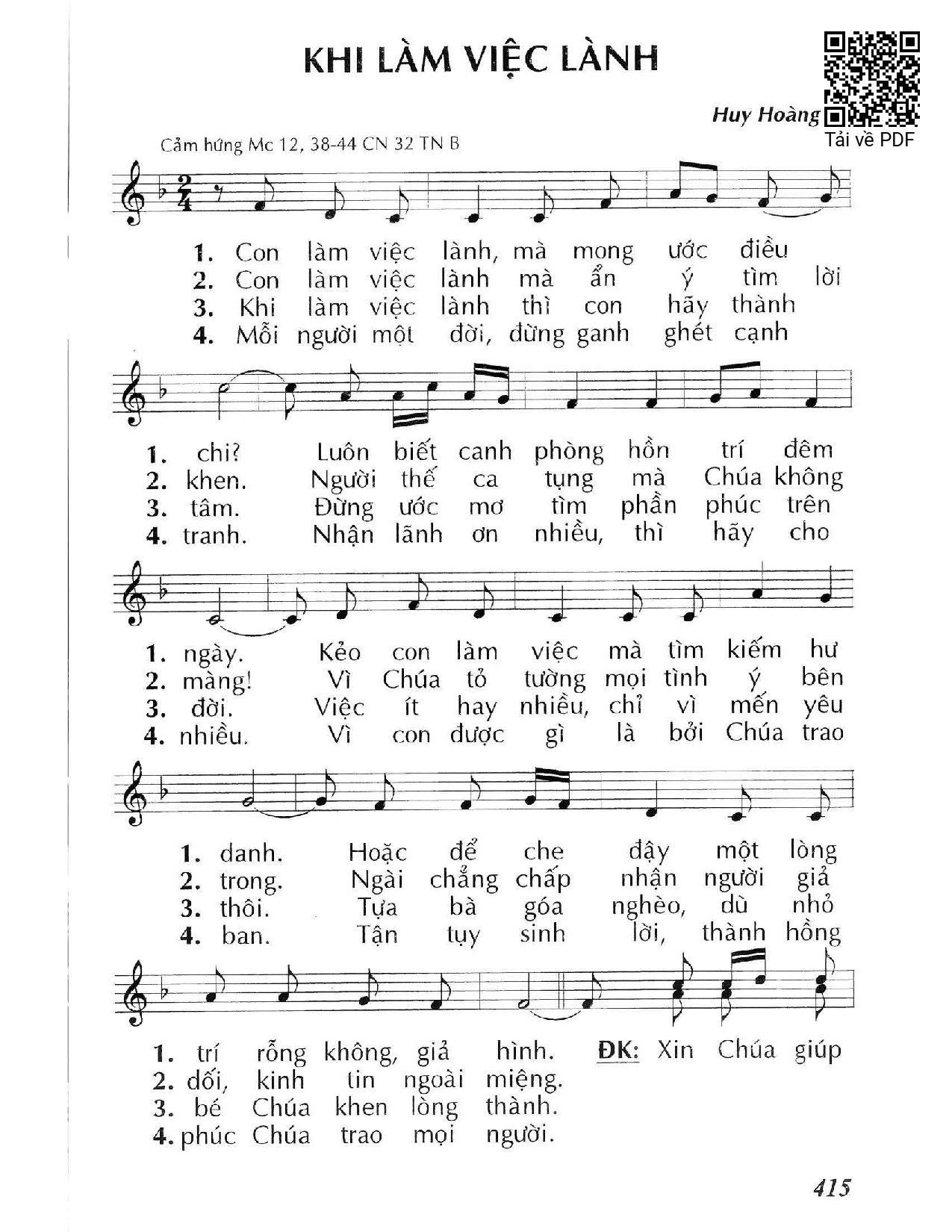 Sheet nhạc PDF bài Khi làm việc lành 