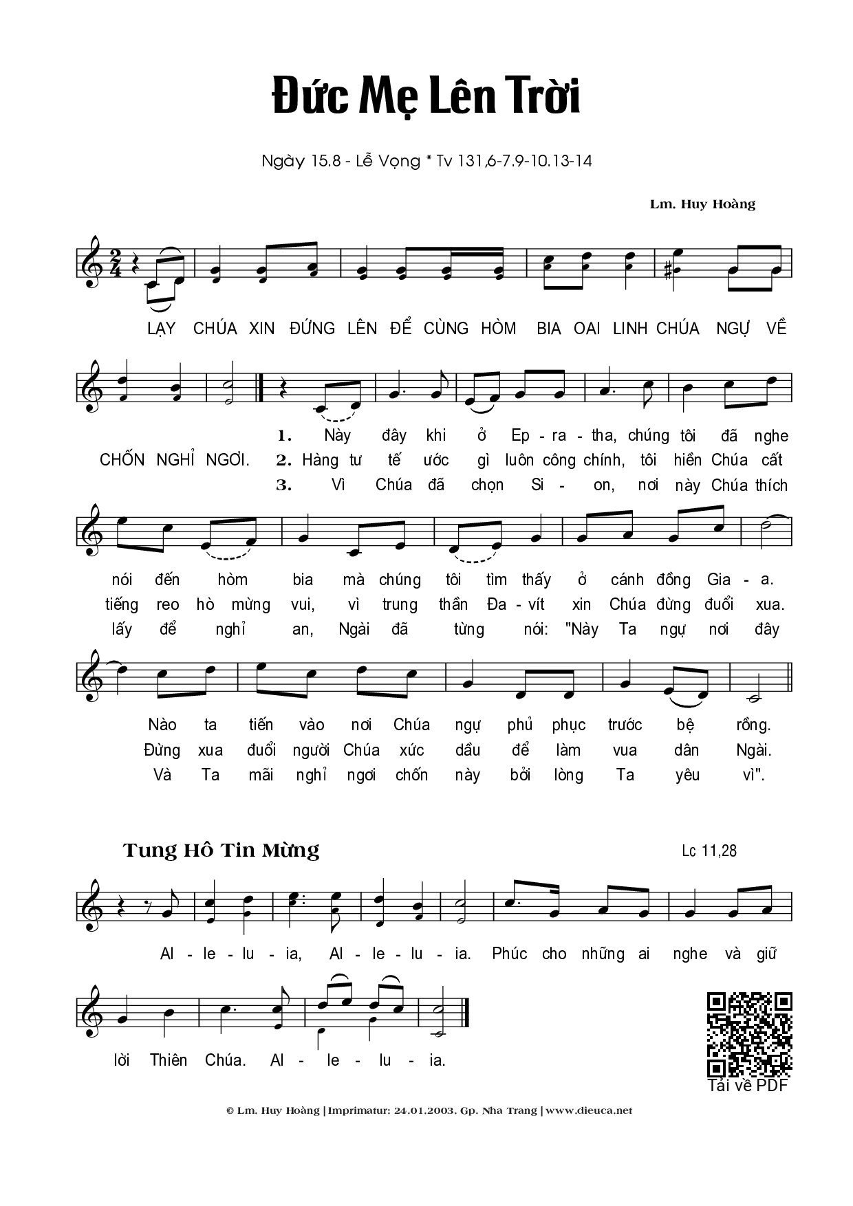 Trang 1 của Sheet nhạc PDF bài hát Vọng Đức Mẹ Lên Trời - Huy Hoàng