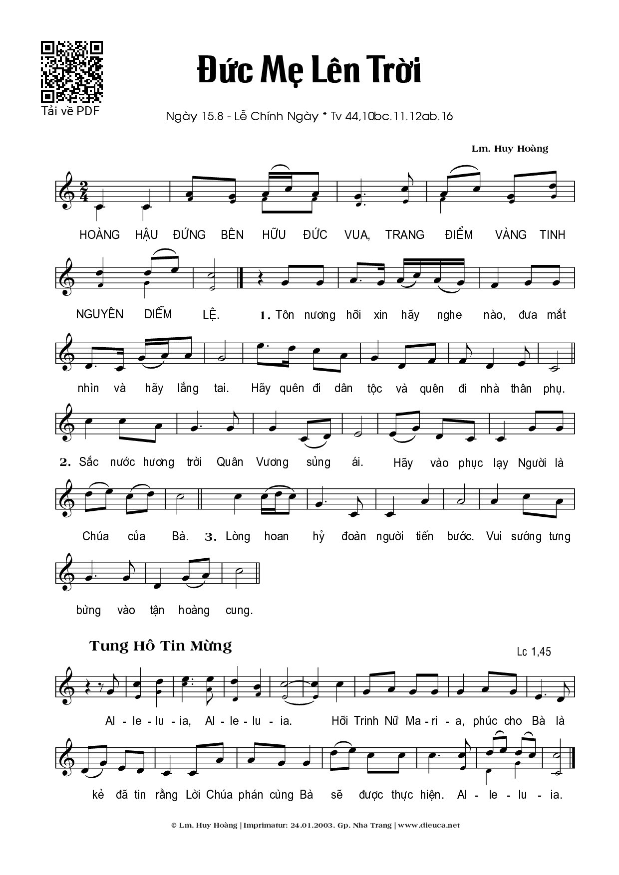 Trang 1 của Sheet nhạc PDF bài hát Đức Mẹ Lên Trời - Huy Hoàng